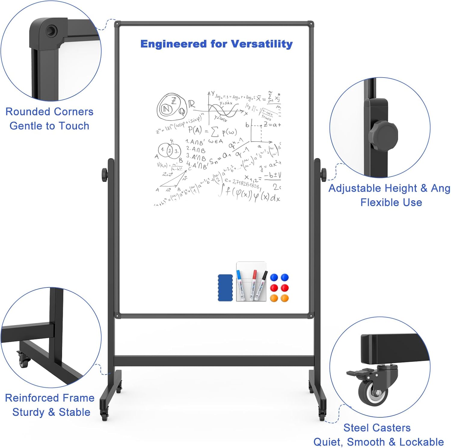 Rolling Whiteboard on Wheels, Double-Sided Magnetic Dry Erase Board with Stand, Mobile White Board for Office, Classroom, Home (32" x 48")