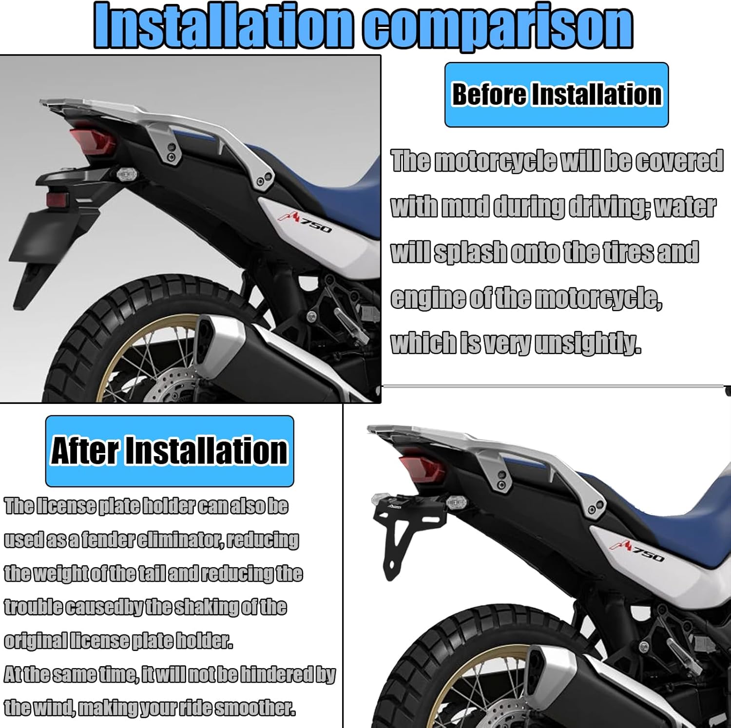 For XL750 TRANSALP XL 750 2023-2025 Motorcycle License Plate Frame LED Light License Plate Frame Short Tail Adjustable License Plate Frame Motorcycle Accessories