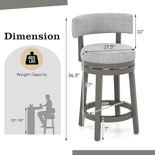 Miniatura 3 de COSTWAY Juego de 2 taburetes de bar giratorios de 360° de 27 pulgadas con respaldo y asiento tapizados, patas de madera de goma maciza y reposapiés,