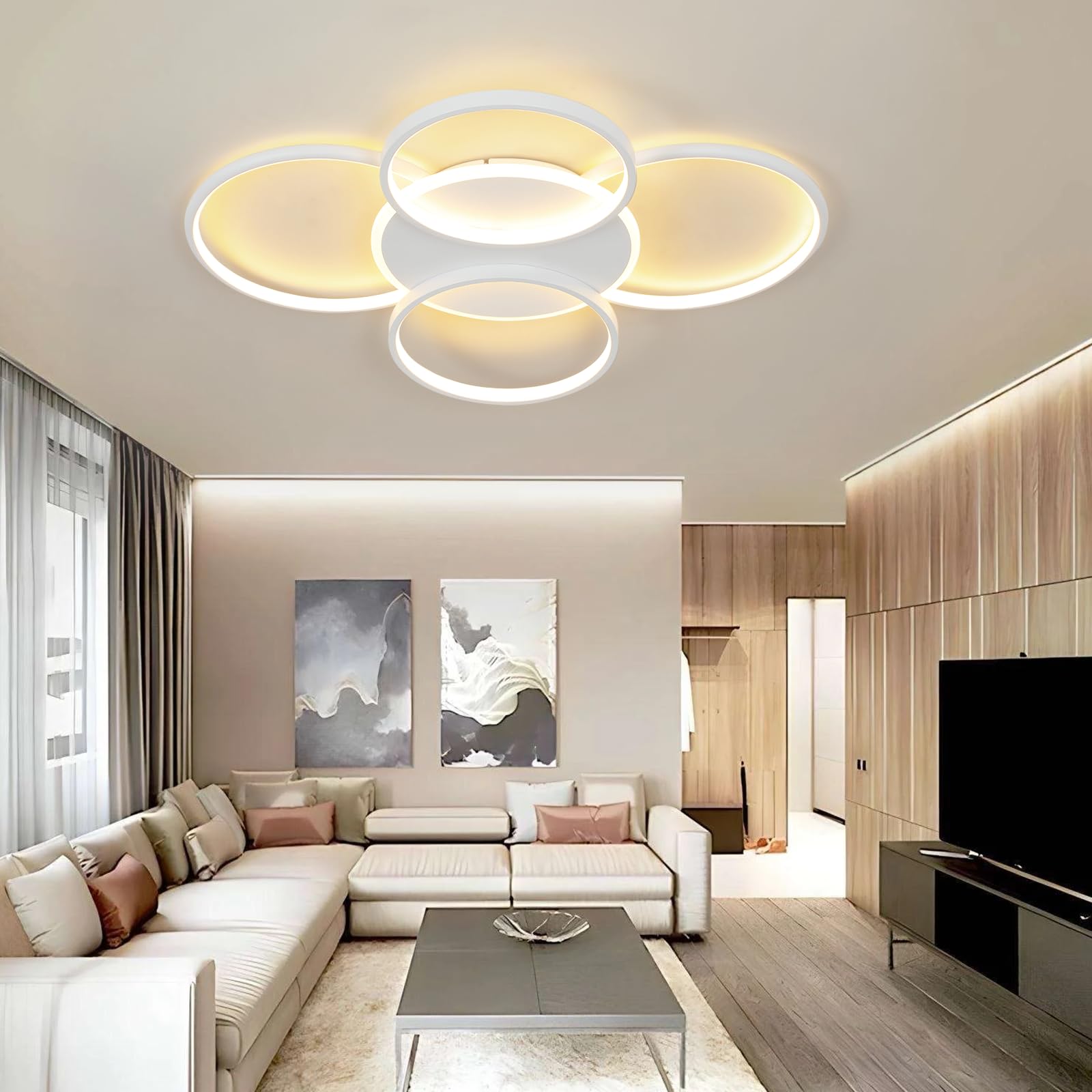 GBLY Deckenlampe LED Deckenleuchte Wohnzimmer: Wohnzimmerlampe Dimmbar 70W | mit Fernbedienung 5-Ringen Weiß Schlafzimmerlampe Modern Acryl Deckenbeleuchtung für Büro Schlafzimmer Esszimmer