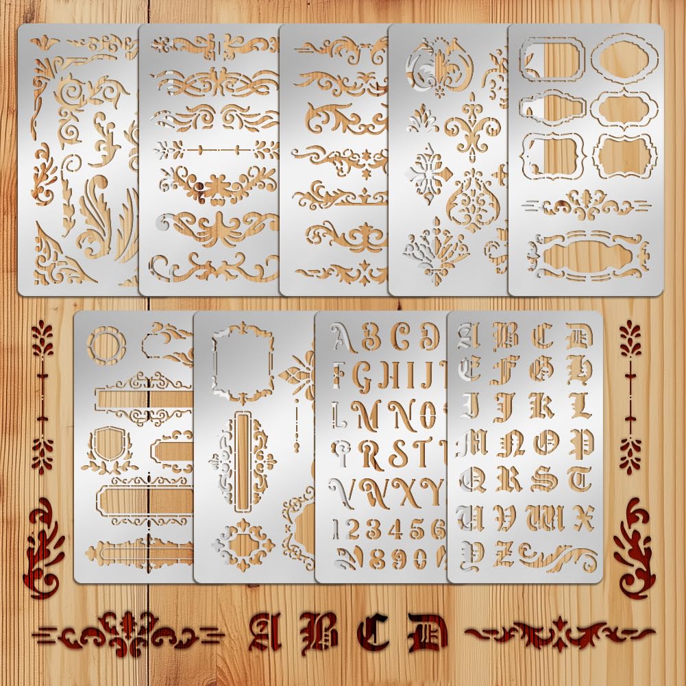 TWINKLEMON 9 Pcs Metal Letter Stencils, Alphabet Templates Wood Burning Stencils for Reusable, Journaling Border Lettering Stencil for DIY Painting Drawing Planner Scrapbooking Engraving Crafts