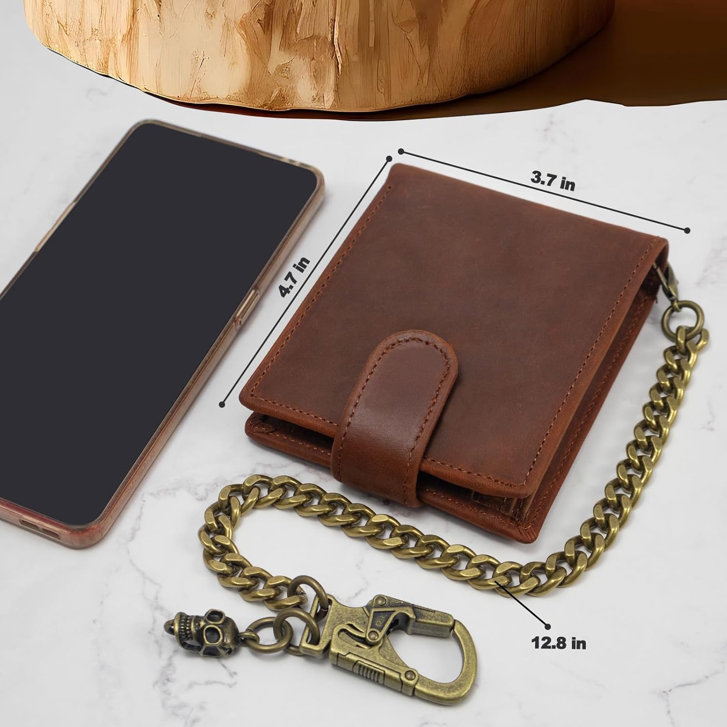 Ahiller Bifold Chain Wallet for Men, Biker Crazy Horse Leather Wallet with Chain, Detachable Double-Lock Carabiner Clip Key Chains Classic Wallets for Mens & Teen Boys-Coffee