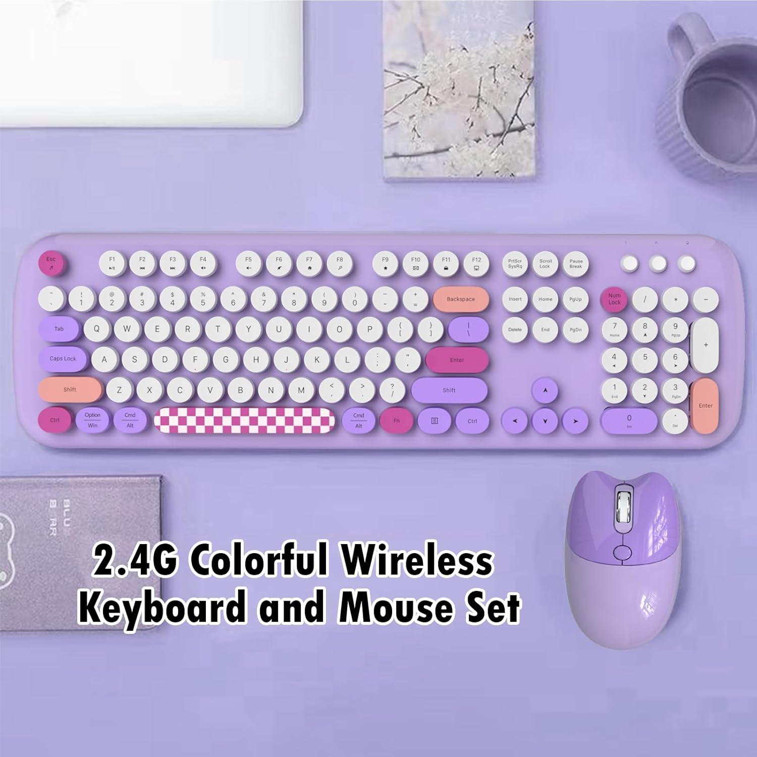 2.4g full-size wireless keyboard and mouse combo, multi-color typewriter style round keycap, cute candy colors, compatible with notebook, pc (purple)