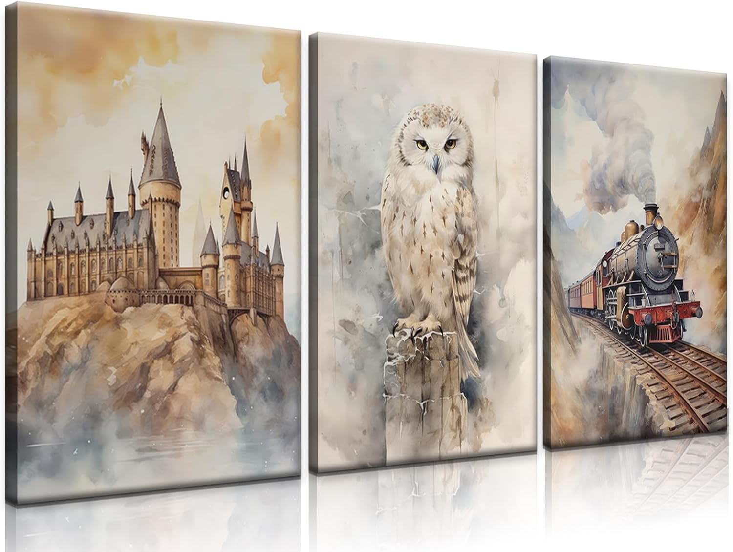 3Pcs Magic Nursery Wall Art Express Train Snowy Owl Magic Castle Painting Wall Decor Magic Canvas Neutral Watercolor Poster Print Artwork for Kid Baby Nursery Home Decoration 12X16in Framed