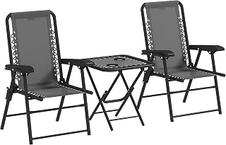 Outsunny Conjunto de Mesa y Sillas de Terraza Exterior de 3 Piezas Muebles de Jardín Exterior Plegables con Estructura de Acero y Portavasos para Patio Gris Oscuro