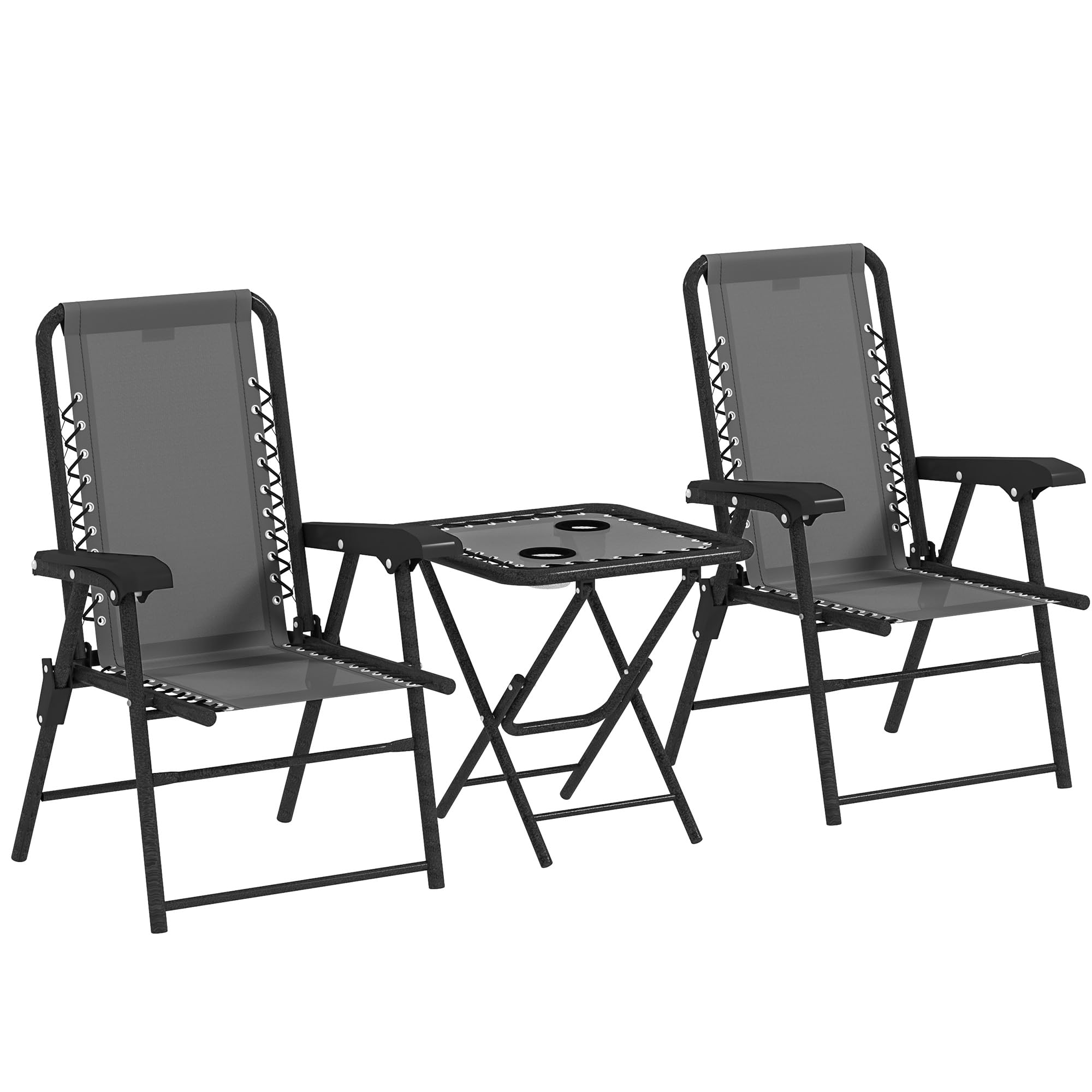 Outsunny Conjunto de Mesa y Sillas de Terraza Exterior de 3 Piezas Muebles de Jardín Exterior Plegables con Estructura de Acero y Portavasos para Patio Gris Oscuro