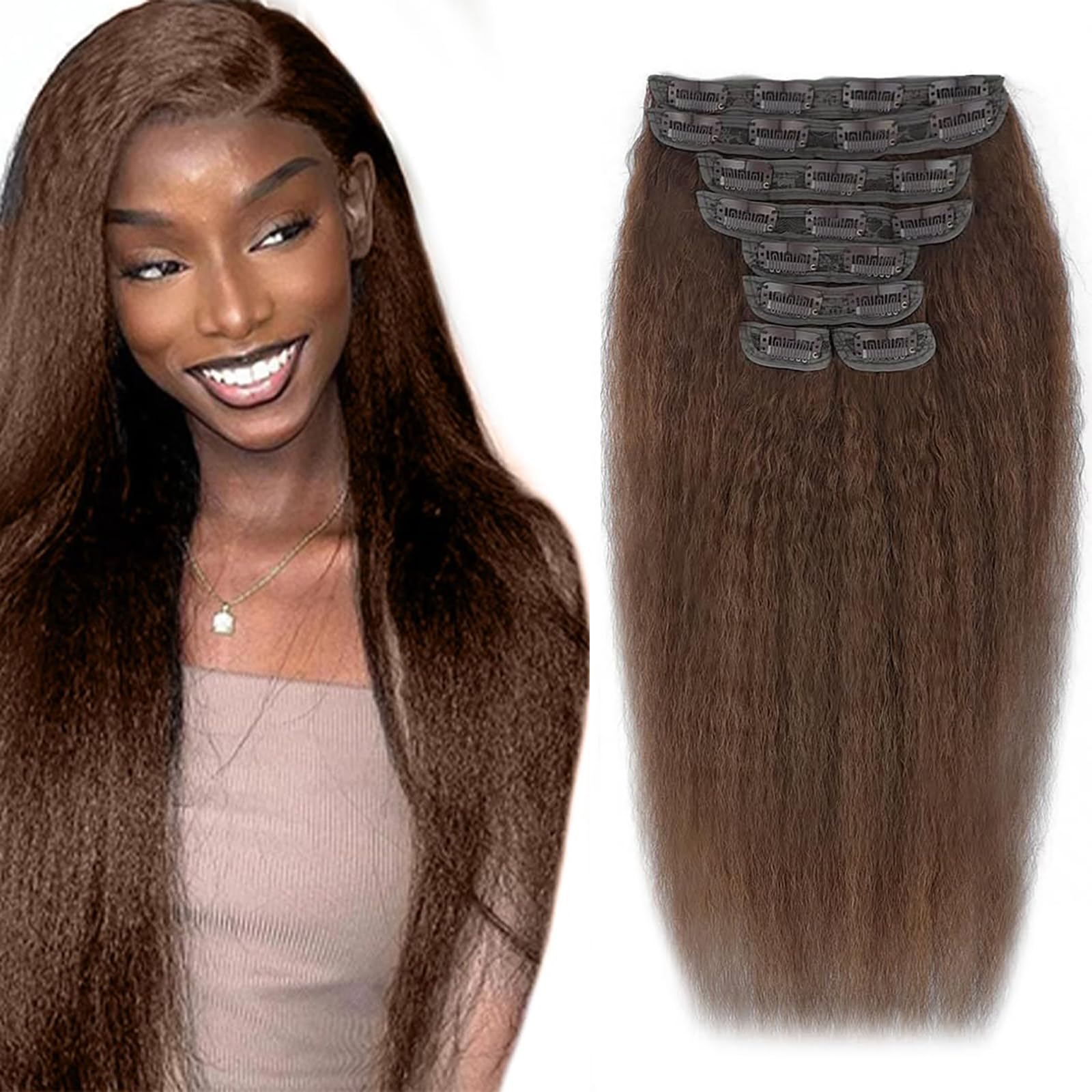 18 Inch Chocolate Brown Kinky Straight Clip in Hair Extensions Real Human Hair Clip in Extensions 8Pcs 110g 20 Clips Brazilian Virgin Hair Yaki