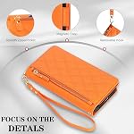 Porte-case pour téléphone iPhone 13/14 avec bracelet de poignet,6.1", Rhombus-Orange PU Cuir, pour les femmes hommes, poche à glissière, kiosque à kick, bracelet de poignet, porte-cartes