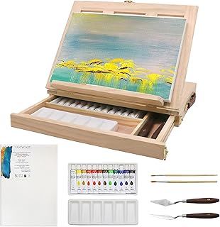 Tabletop Easel Set - Easel for Painting Canvases, Painting Easel Kits for Kids and Adults with Wood Canvas Stand, 12 Colors Acrylic Paints, 2 Brushes, Plastic Palette and Palette Knives