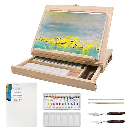 LUCYCAZ Art Easel for Painting, Tabletop Painting Easel Set for Kids, Pine-Wood Portable Easel Stand for Artists with Canvas, Acrylic Paints, Brushes, Palette and Palette Knives - Easel Set