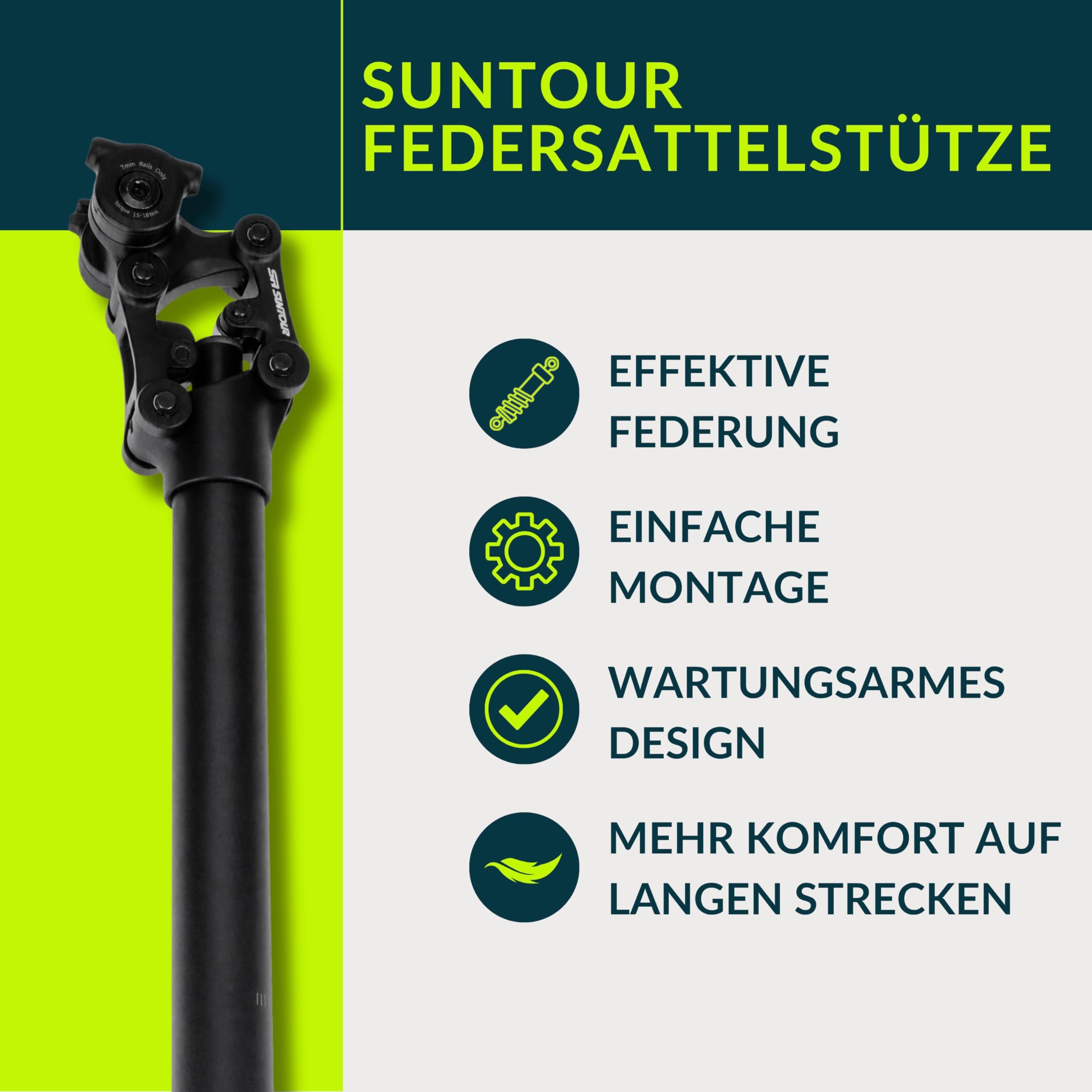 Suntour SP26-NVX Parallelogramm-Federsattelstütze, gefederte Aluminium Sattelstütze, schwarz, stoßdämpfend, perfekt für Trekking, City (Ø 30,9 mm x 350 mm, Soft Spring (unter 75 kg Fahrergewicht))