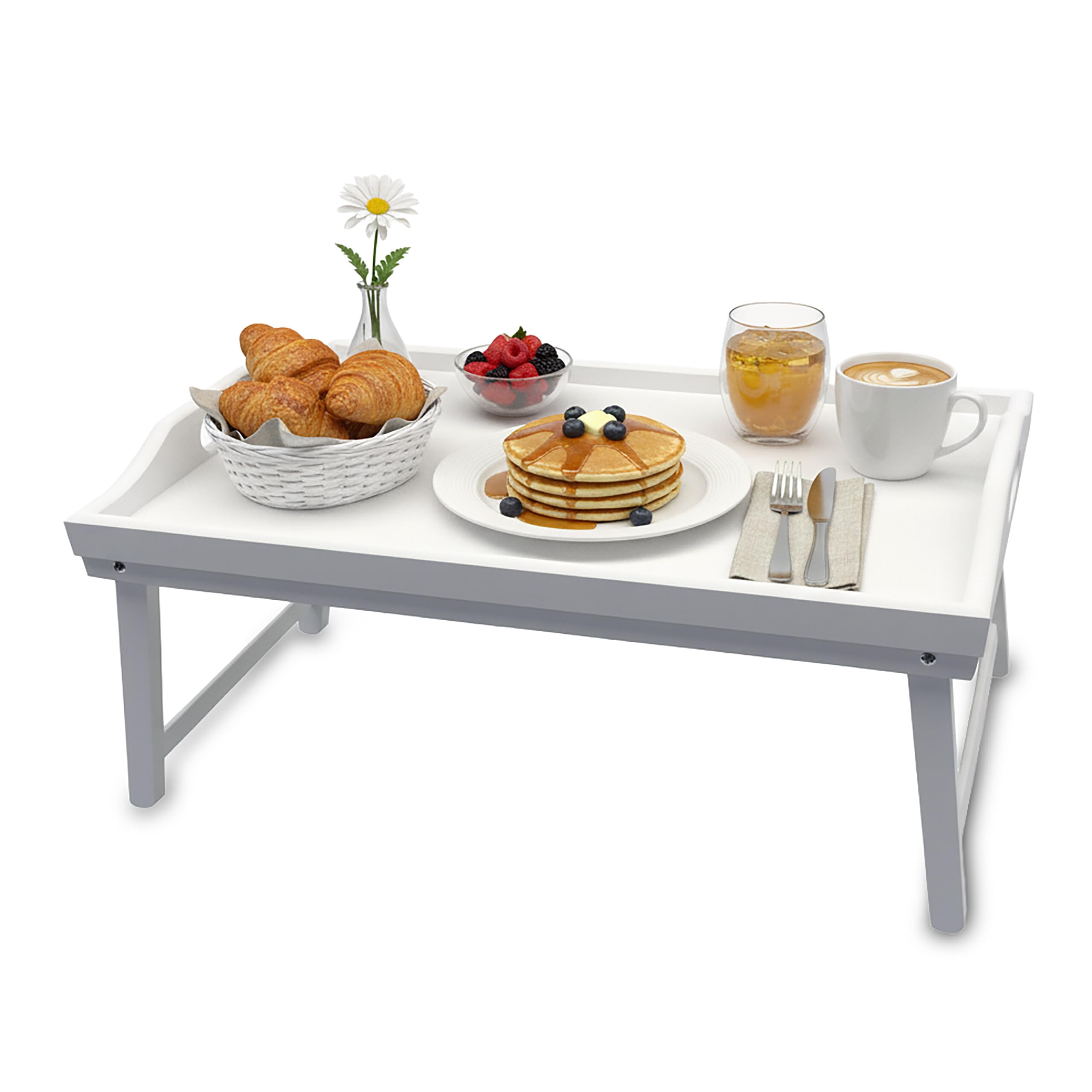 Vassoio da Letto Relaxdays, bambù, HxLxP: 20 x 50 x 30 cm, con Piedini, Maniglie, Colazione in Letto, Bianco
