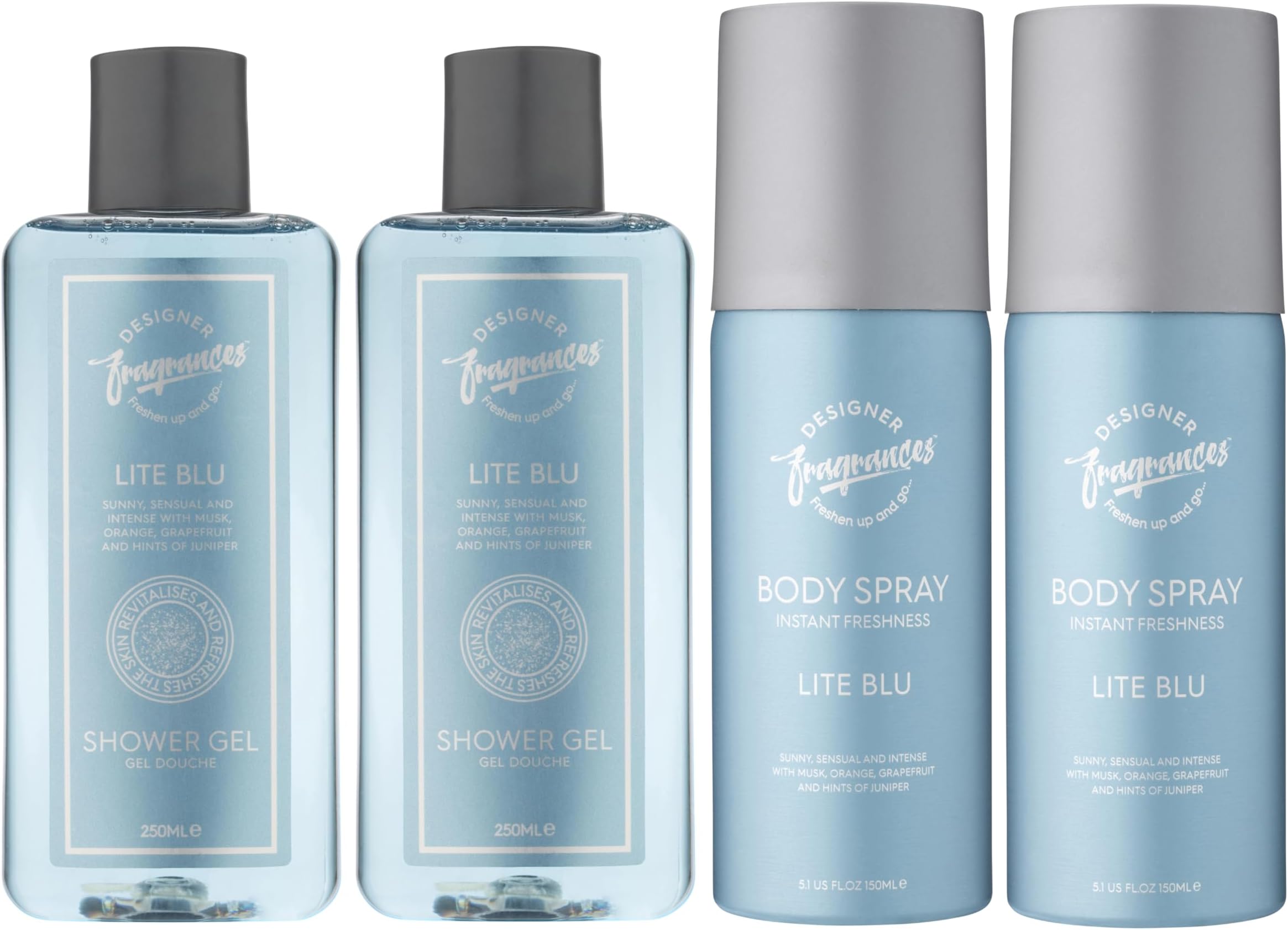 Lite Blu Men's Bundle - Each Package Includes 2 x 150ml Body Spray Deodorant Cans - 2 x 250ml Shower Gels - For Instant Freshness - Long Lasting Smell - Great Male Gift Sets