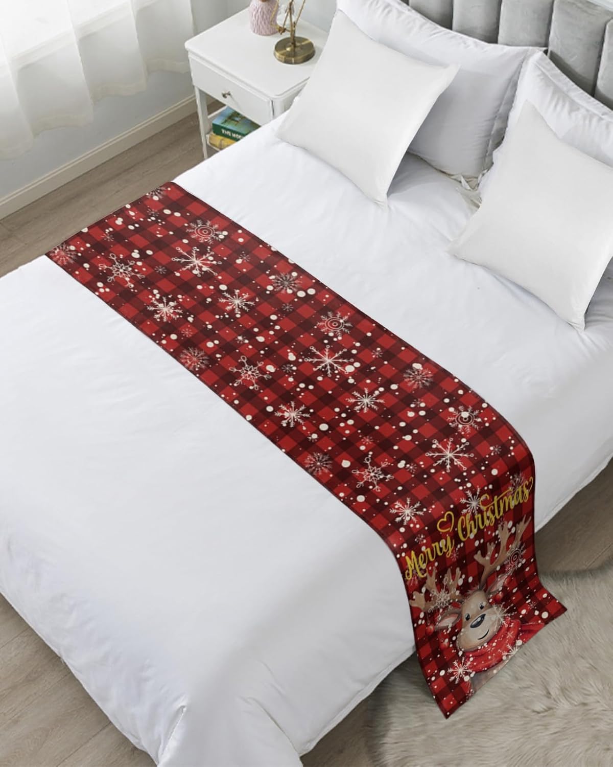 Teamery Bed Runners & Scarves, Merry Christmas Bed Runner, Bed Scarf Protector Decorative Accent Bedding Scarf for Hotels Homes and Guestrooms, 94 x 20 inches