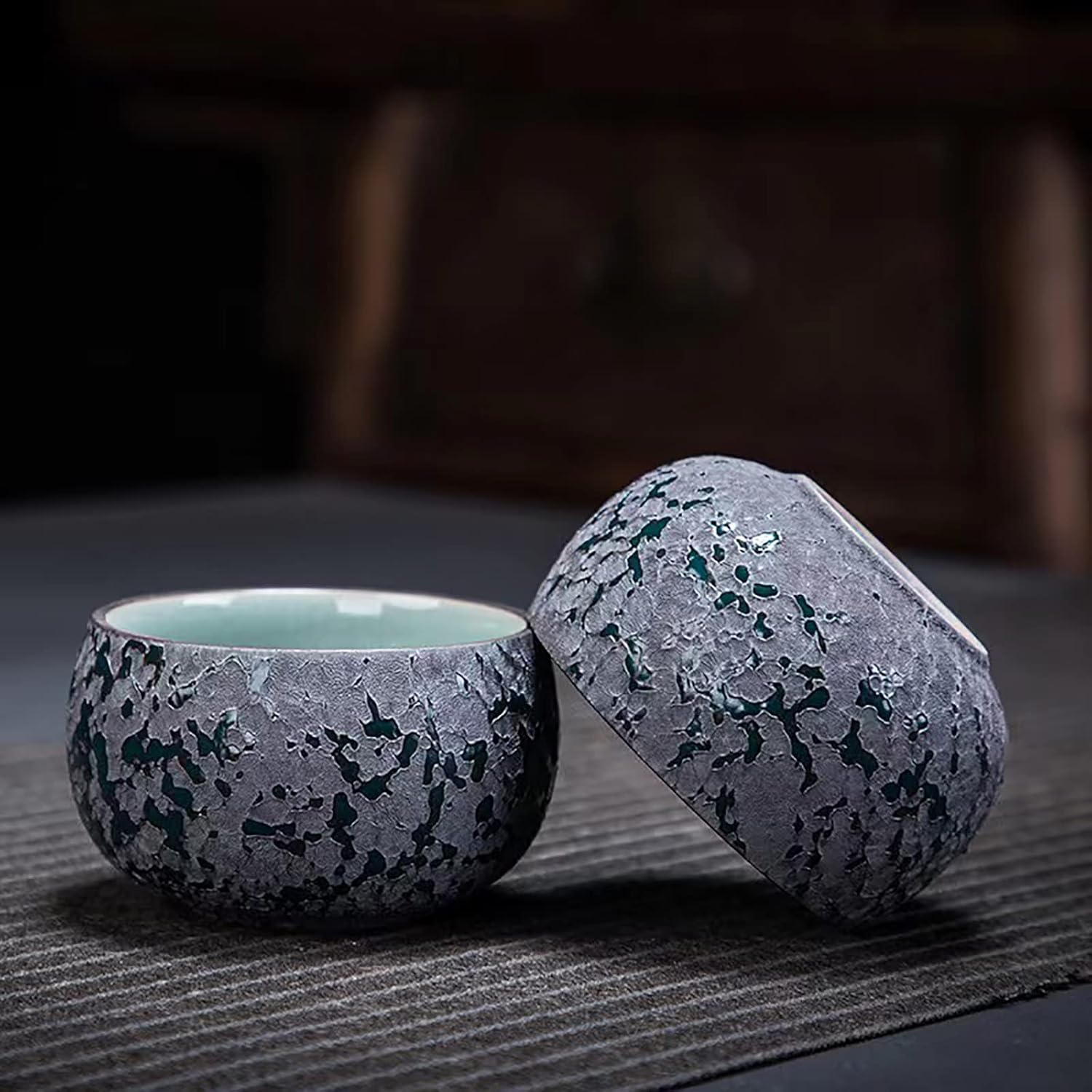 MQjzsh Iron body stone glazed ceramic teacup, Chinese and Japanese Kung Fu, four-piece tea set, handmade (Dark green)