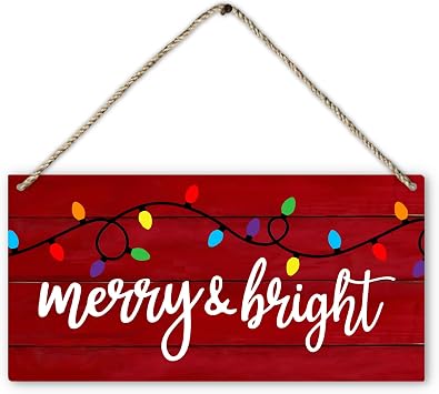 PHAMTE Merry And Bright Christmas Signs, Red Farmhouse Welcome Wooden Hanging Door Sign, Rustic Festive 12x6 Inch Home Decor Accents Wall Pediments