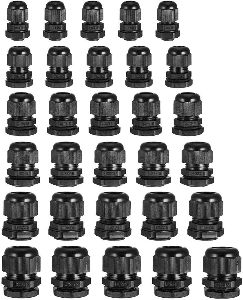 Aexit 30 Pcs Electrical Boxes, Conduit & Fittings M12 M18 M20 M22 M24 M25 Waterproof IP68 Nylon Cable Gland Joint Adjustable Locknut for 3mm-18mm Dia Conduit Fittings Cable Wire