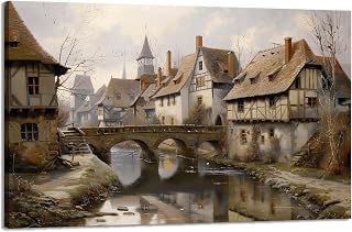 CCKOPPI Country Canvas Wall Art, Medieval Village with Halftimbered Houses Painting Poster Mid-Century Vintage Farmhouse Picture Print for Living Room Dining Room Decor(Artwork-03, 18"x12")