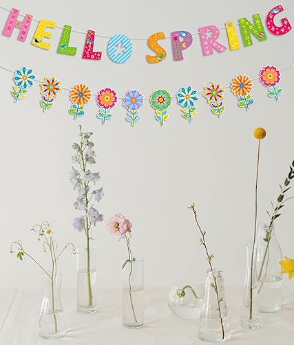 Miniatura 6 de Cartel de Hello Spring - Pancarta multicolor de flores de primavera, 5.5 x 7 pulgadas, ocasión de primavera, uso en interiores y exteriores