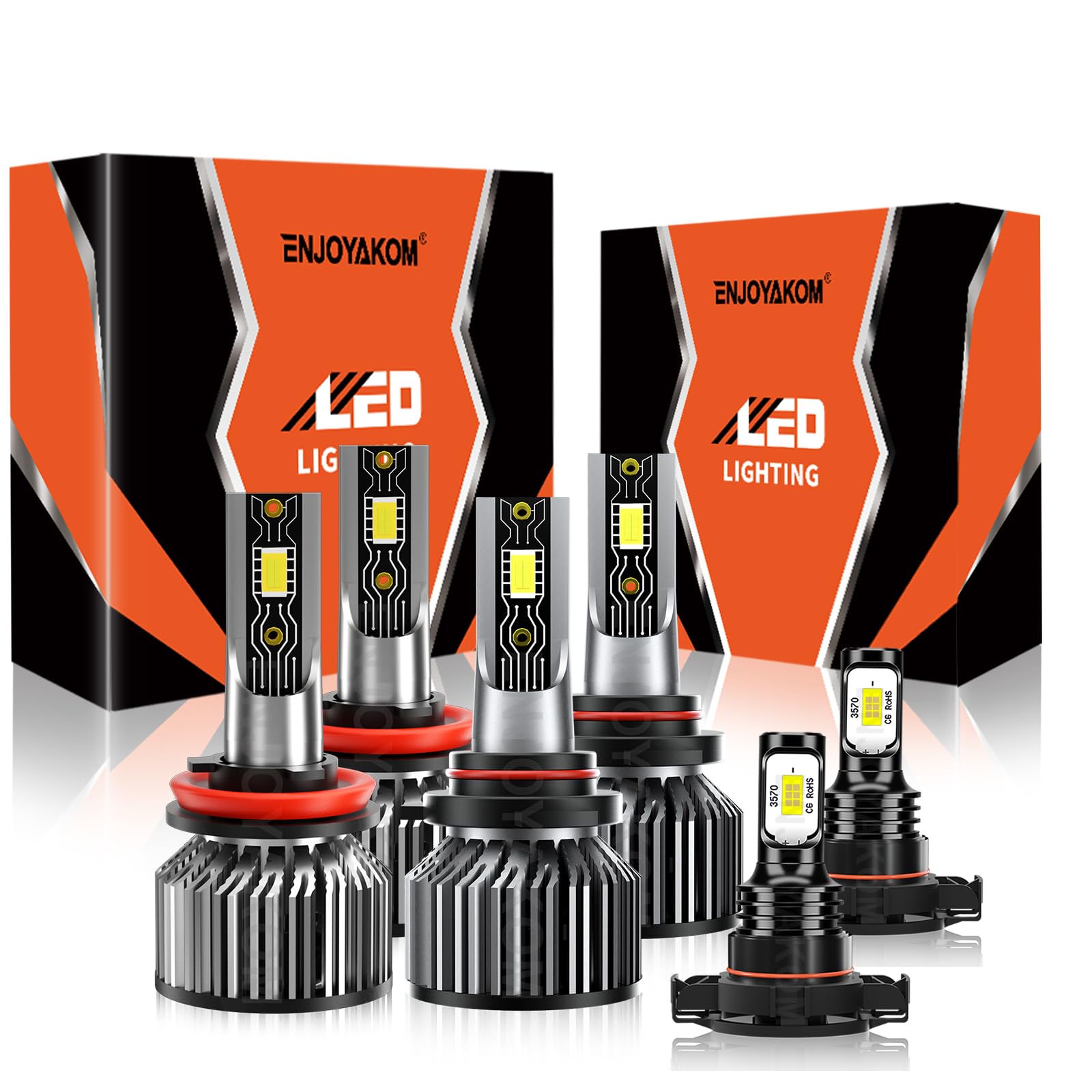 Compatible For Chevrolet Silverado 1500 2007-2015 9005 H11 High/Low Beam 5202 Fog Light Bulbs, 600% Brightness 6500K White with Cooling Fan, Plug and Play, IP68 Waterproof Pack of 6