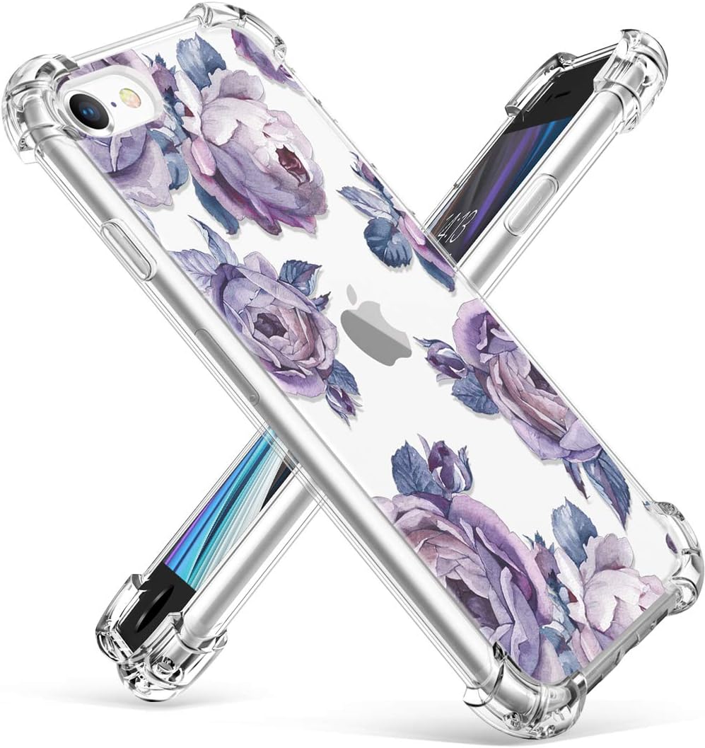 GVIEWIN Clear Flower iPhone SE 2020 Case/iPhone 8 Case/iPhone 7 Case, Soft TPU Silicone Ultra-Thin Slim Fit Transparent Pink Flowers Flexible Cover for 4.7" iPhone SE2/7/8 (Peony/Purple)