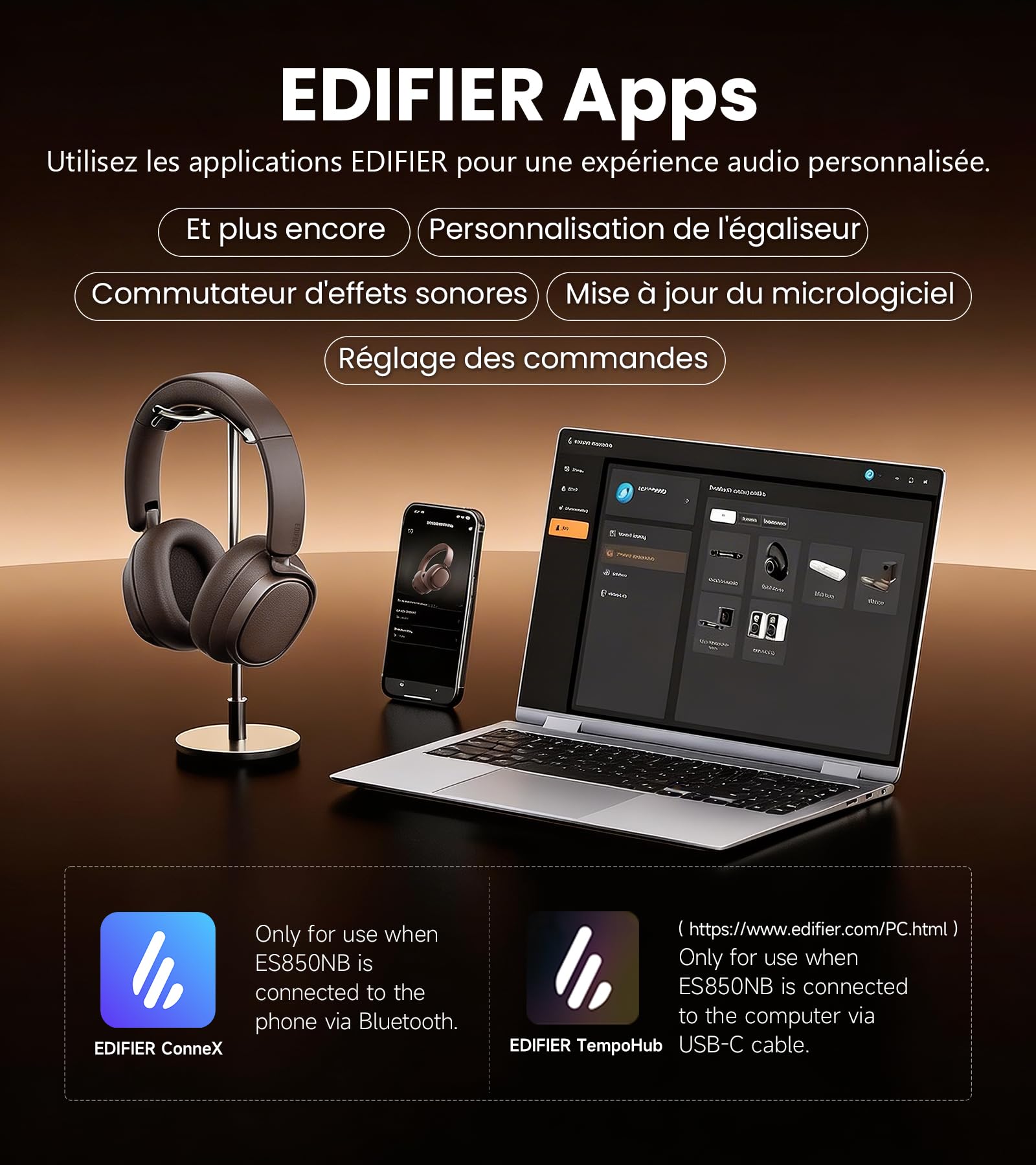 Edifier ES850NB Casque Supra-auriculaire sans Fil à réduction de Bruit, Hi-Res Audio, LDAC, 92H d'autonomie, Bluetooth 5.4 & Multipoint, AI Call Noise Reduction, Touch Control, Foldable Design，Marron