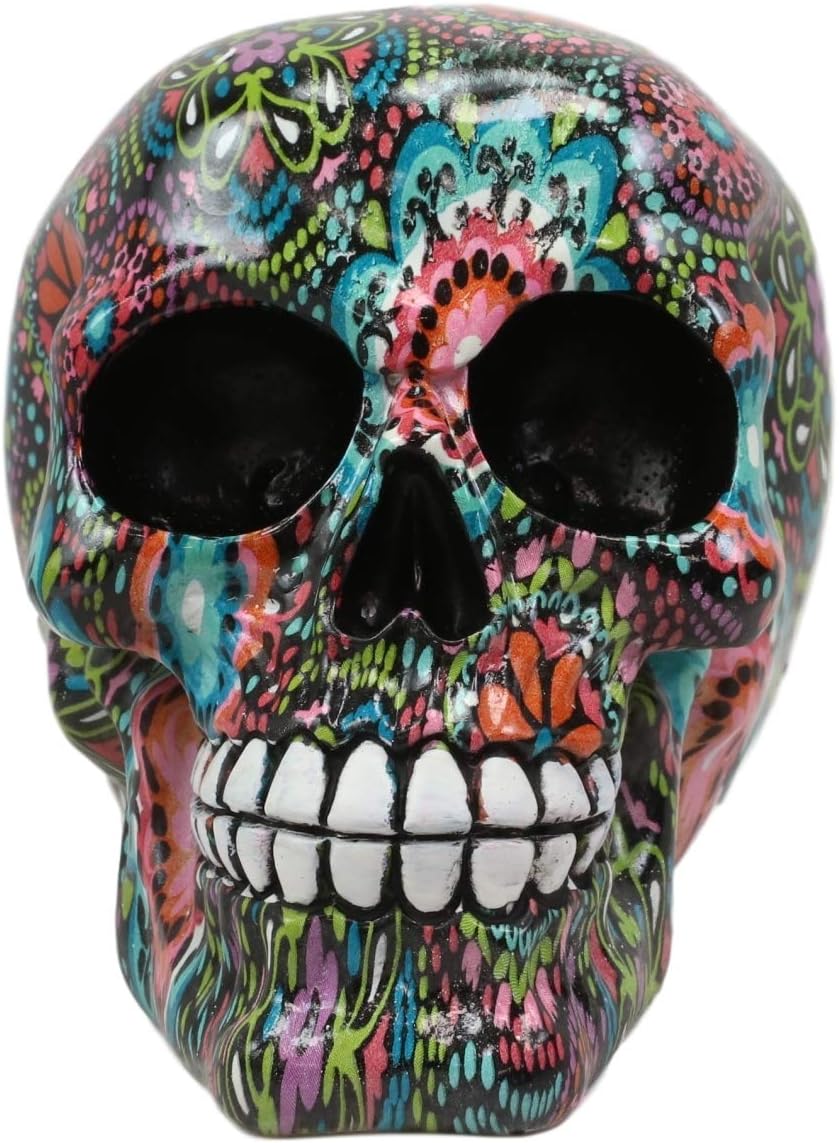 Ebros Gift Day of The Dead Colorful Beads and Floral Blossoms Design Sugar Skull Statue As Decorative Halloween Prop Gothic Haunted Themed Skeleton Cranium Figurine