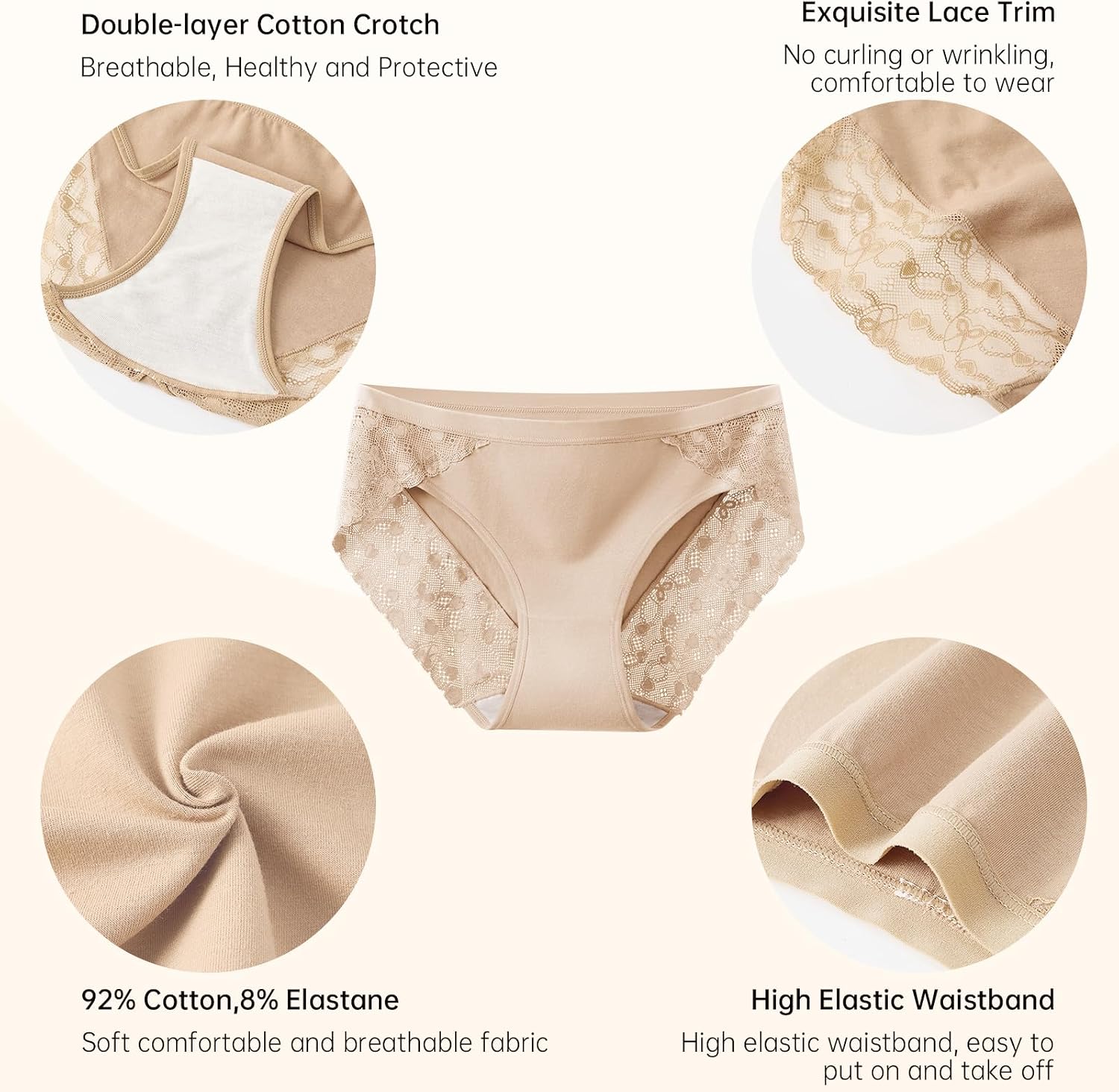 Women's Cotton Mid-Rise Underwear, High Cut Hipsters with Lace Trim, High Elastic Soft Breathable Panties