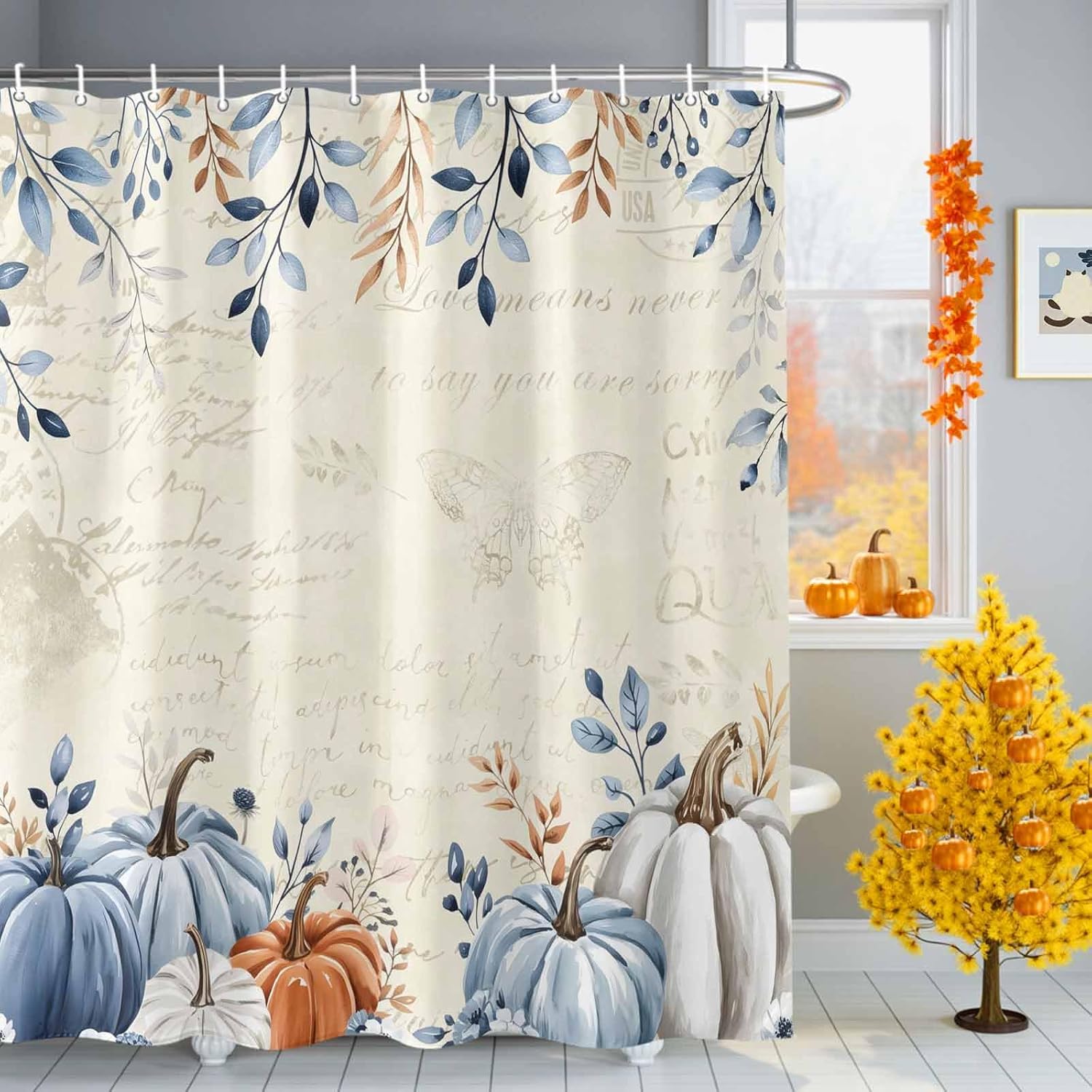 Fall Shower Curtain Blue Pumpkin Bath Curtains Leaves Floral Vintage Waterproof Polyester Fabric Bathroom Shower Curtain Set with 12 Hooks Decoration 60 x 72 Inches