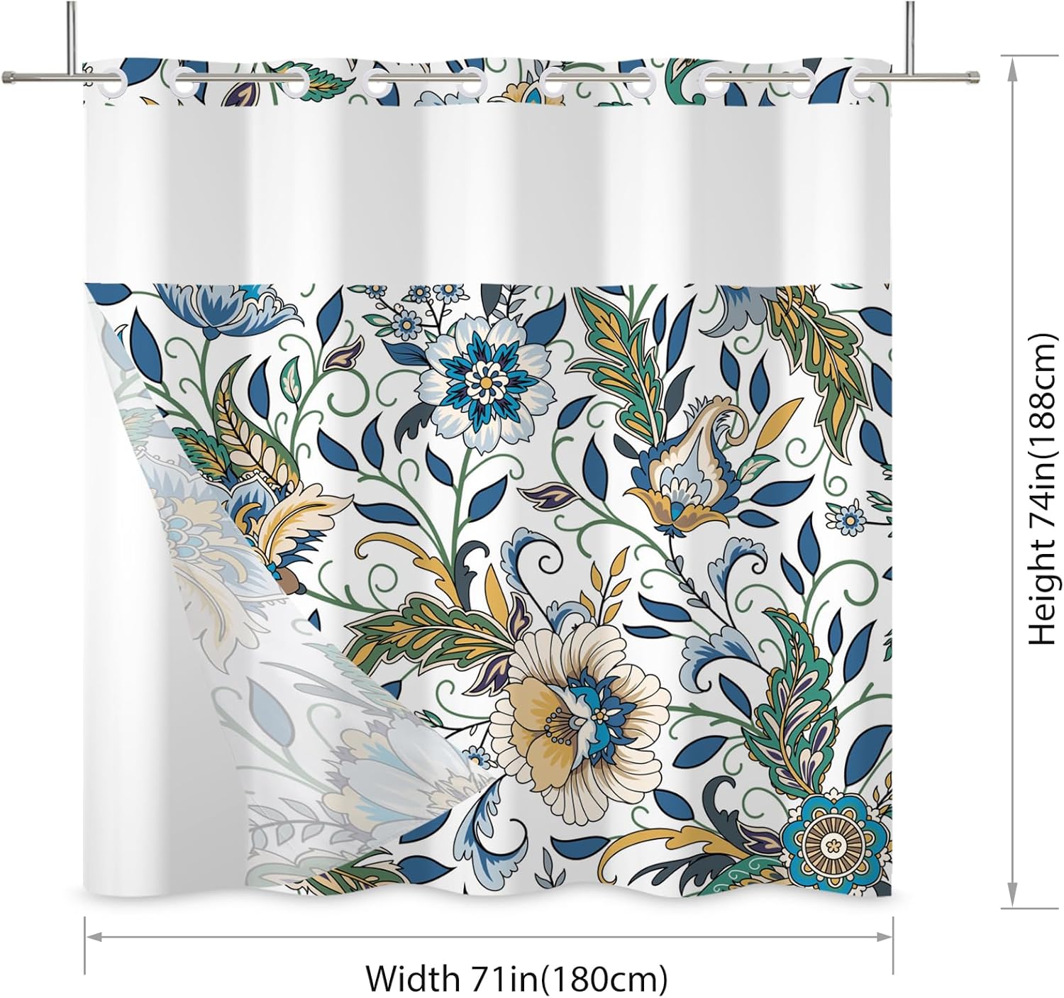 Blue Boho Floral No Hook Shower Curtain,Double-Layered Shower Curtain with Snap-in Liner and Weights,Vintage Bohemian Flower Fabric Bath Curtain with See Through Mesh, 71x74in