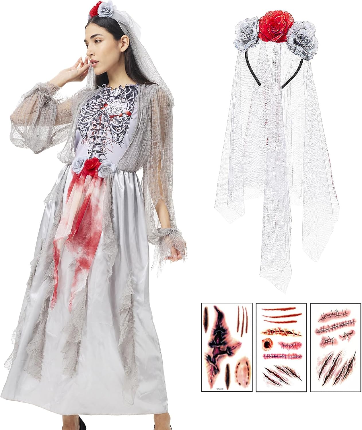 Zombie Bride Costume Women Dead Corpse Skeleton Ghost Halloween Wedding Dress Scary Bloody Marriage Cosplay Outfit - Image 6