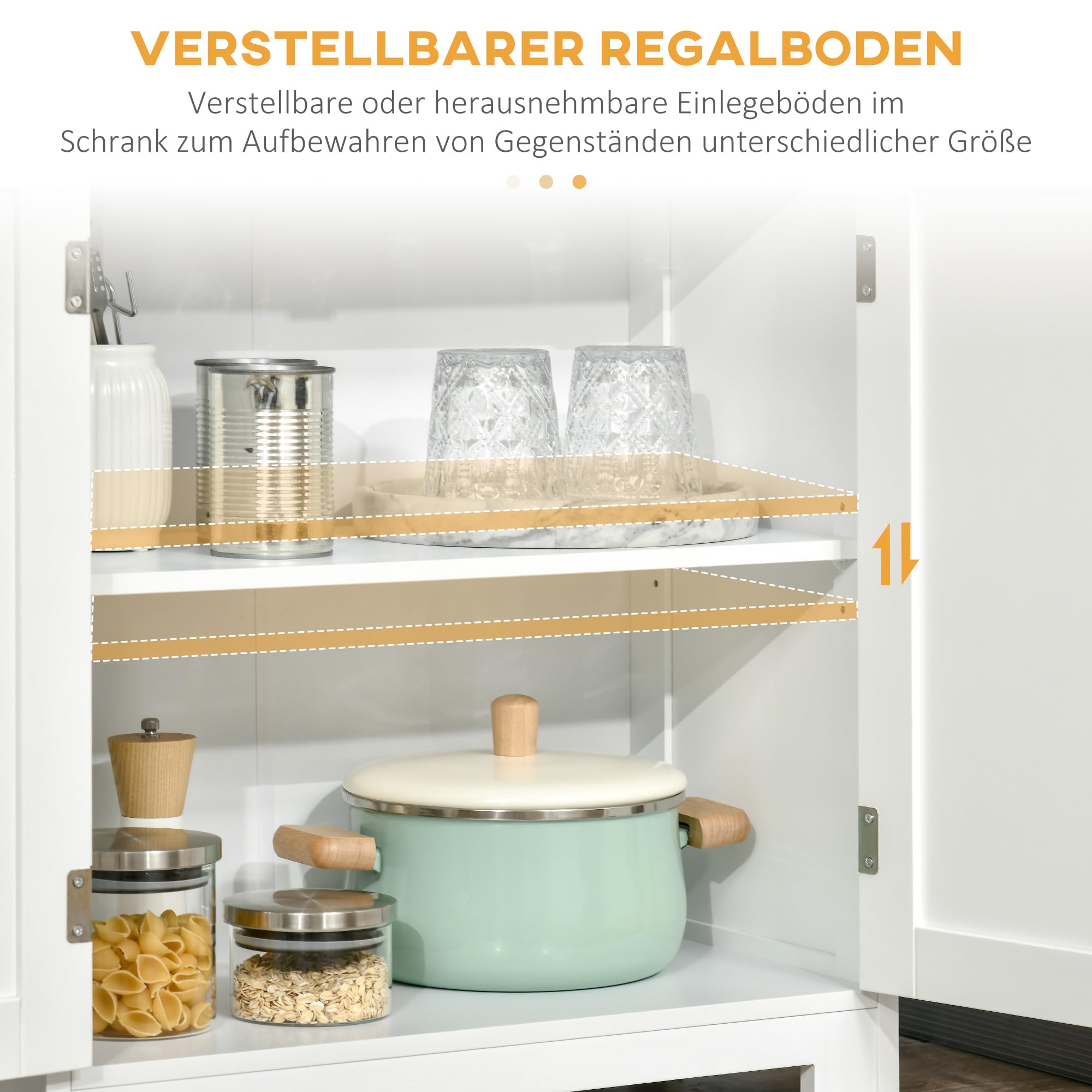 HOMCOM Küchenschrank, Küchenbuffet, Vitrinenschrank mit 2 Schränken, 2 Offenen Ebenen, Mehrzweckschrank mit Anti-Kipp-Schutz, für Esszimmer, Wohnzimmer, 60 x 30 x 162 cm, Weiß