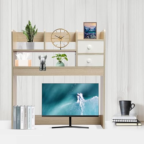 Miniatura 2 de Gdrasuya10 Organizador de estantería de escritorio, estante de almacenamiento de escritorio de oficina de MDF con 2 cajones, estantería multiusos