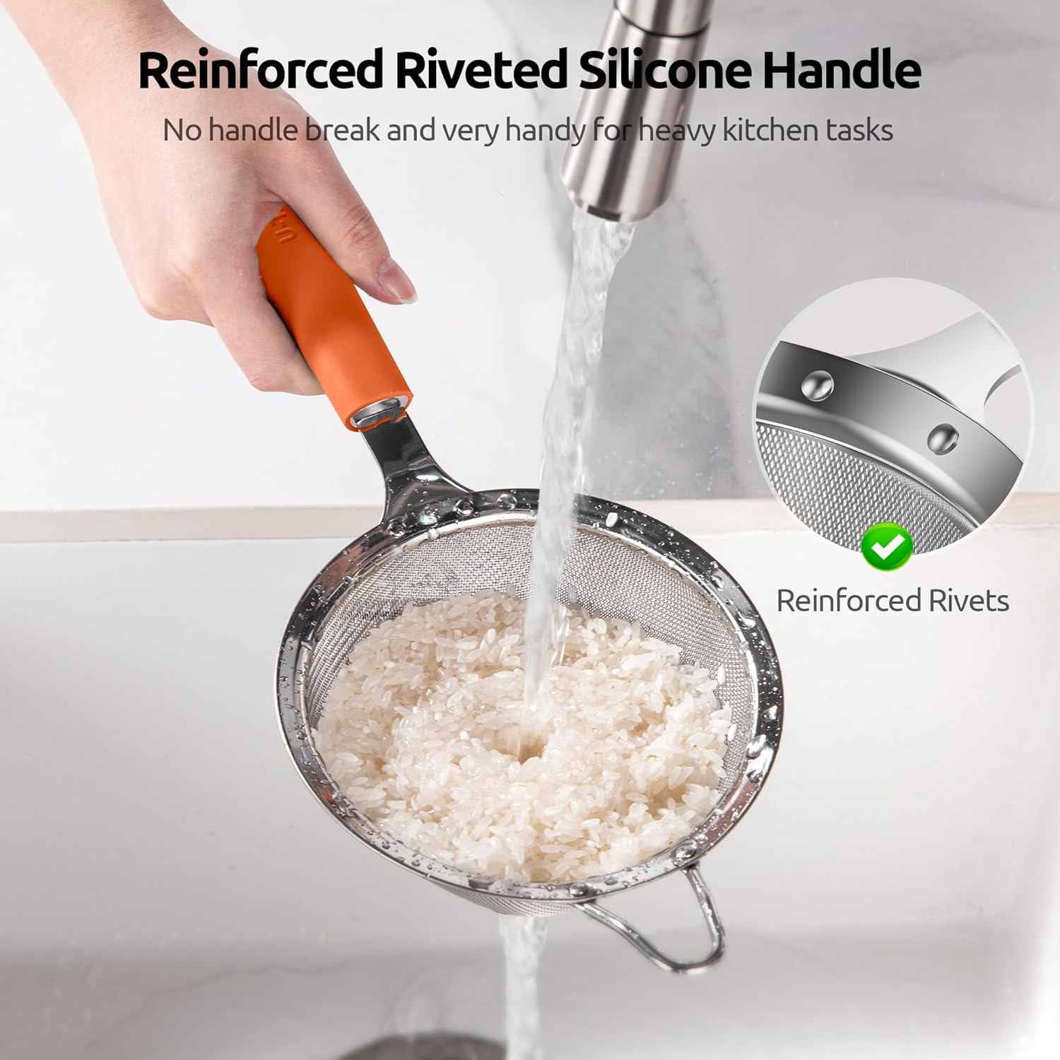 U-Taste 600ºF Heat Resistant Food Grade Silicone Spatula Set of 4, and 18/8 Stainless Steel 4.73in Medium Fine Mesh Strainer with Sturdy Riveted Silicone Handle and Strong Frame (Orange)