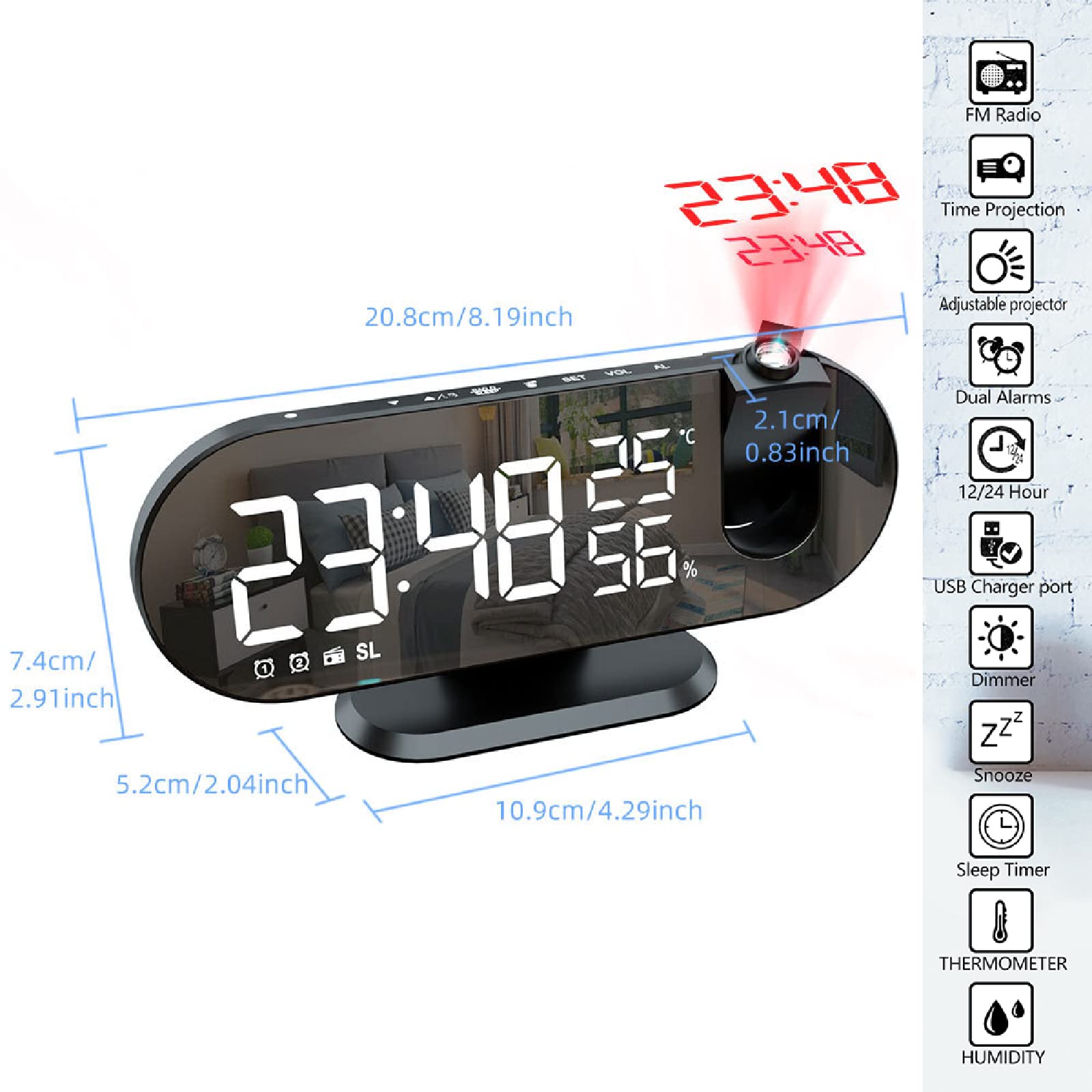Reloj Despertador Inteligente Digital LED, Radio FM, Proyector De Tiempo De 180 °, Función De Repetición, Reloj Despertador, Reloj Electrónico De Despertador USB De Escritorio,Blanco