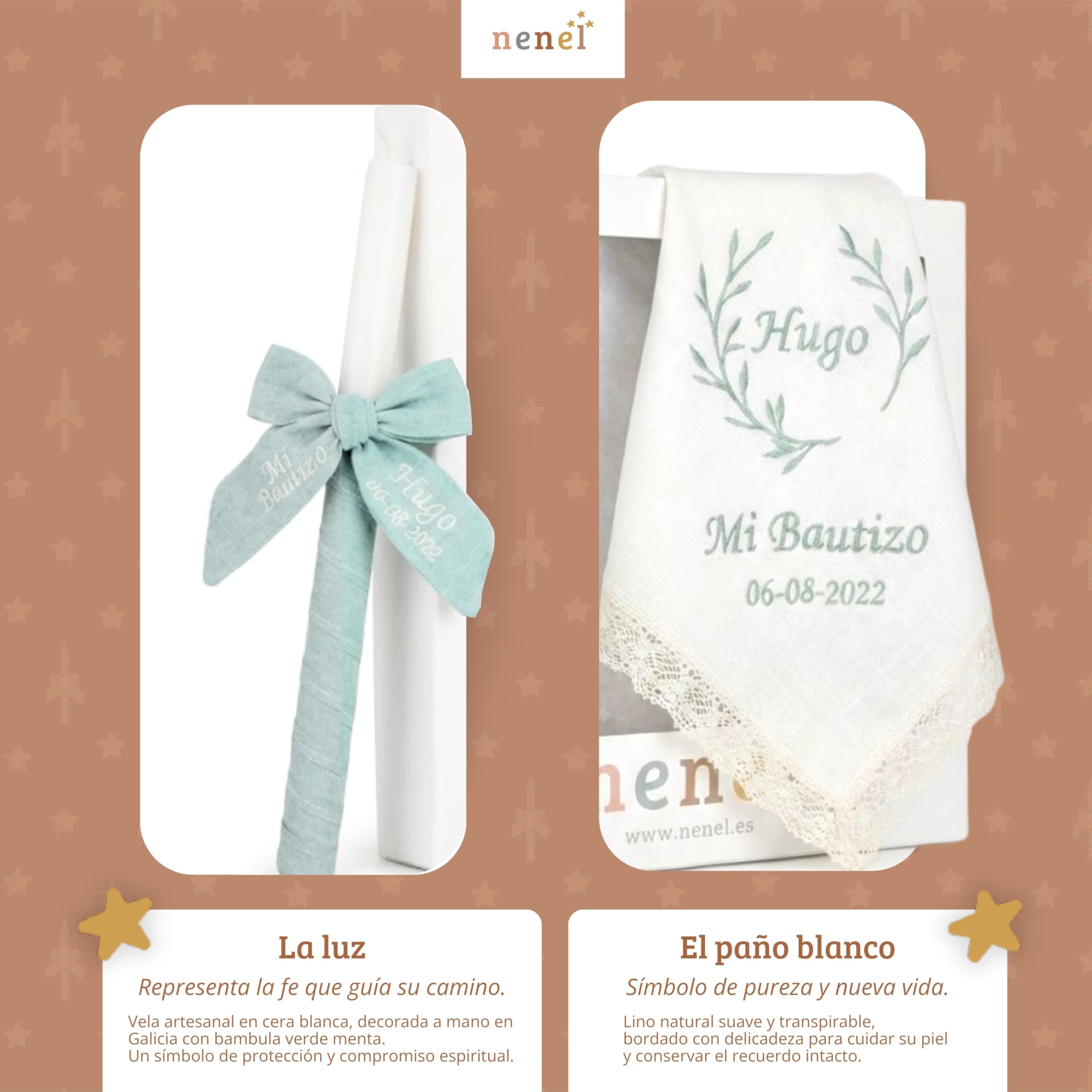 Nenel | Kit de Bautizo Personalizado con Vela y Paño Bordado en Lino Natural – Bambula Verde Menta – Regalo Recuerdo Original Bautismo – Cirio y Toalla Bautismal con Nombre y Fecha