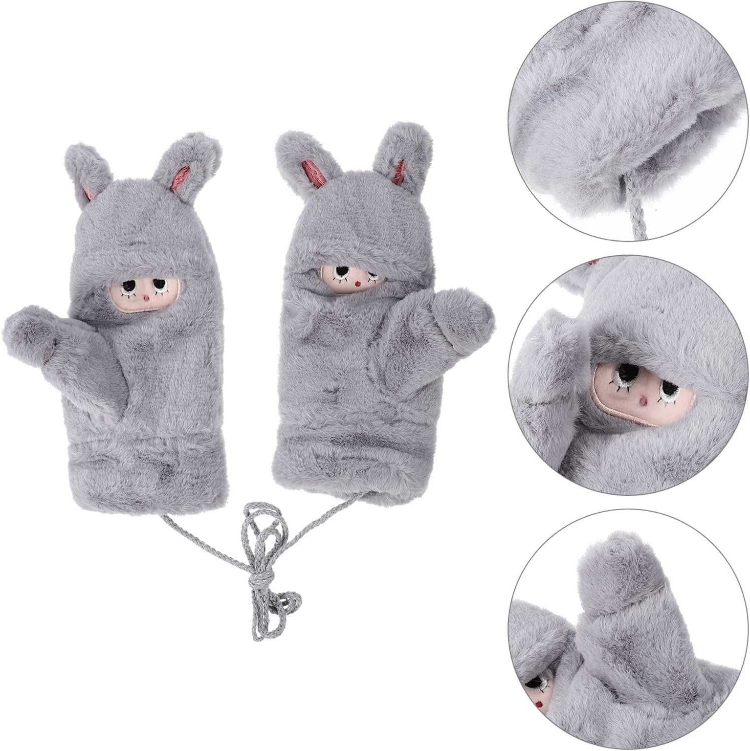 Toyvian Kids Plush Bunny Gloves with String Winter Mittens Women for Girls Cute Full Finger Ski Snow Outdoor Gloves