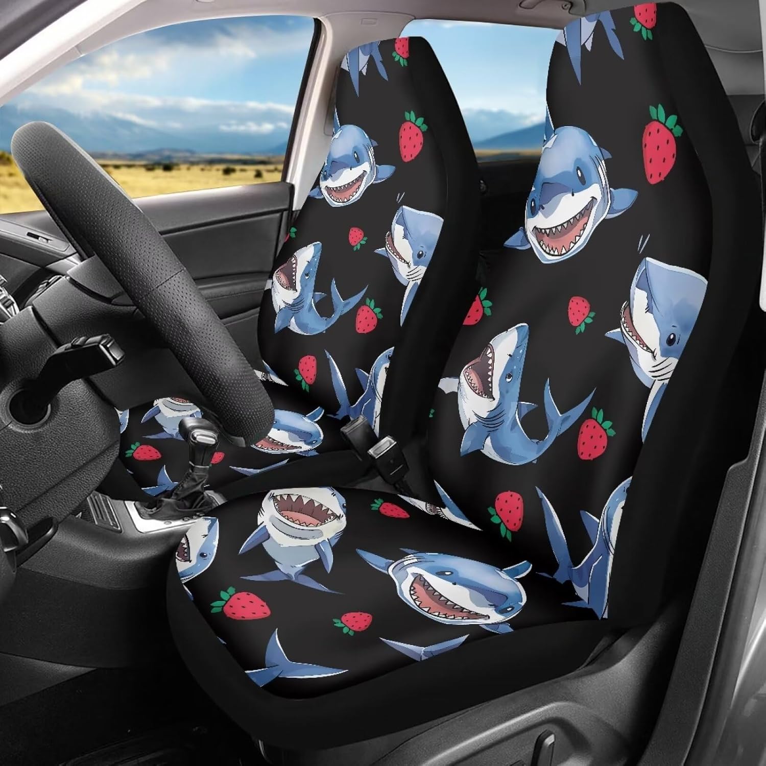 Horeset Shark Strawberry Print Front Car Seat Cover Auto Seat Cushion Protectors, Automative Accessories 2 PCS Universal Fit Car SUV Sedan Truck
