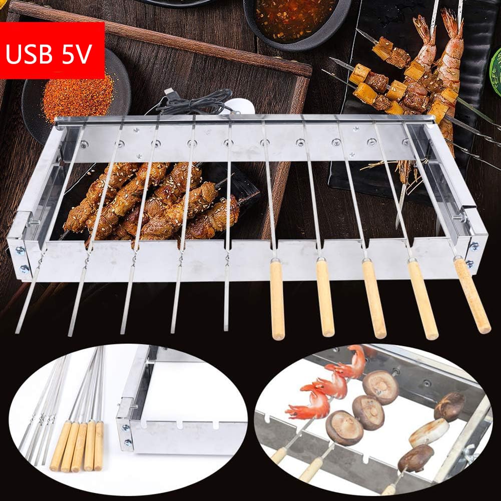 Automatyczny obrotowy grill ze stali nierdzewnej, 10 otworów, szpikulec, regulowana szerokość, rożen na grilla, kemping, piknik