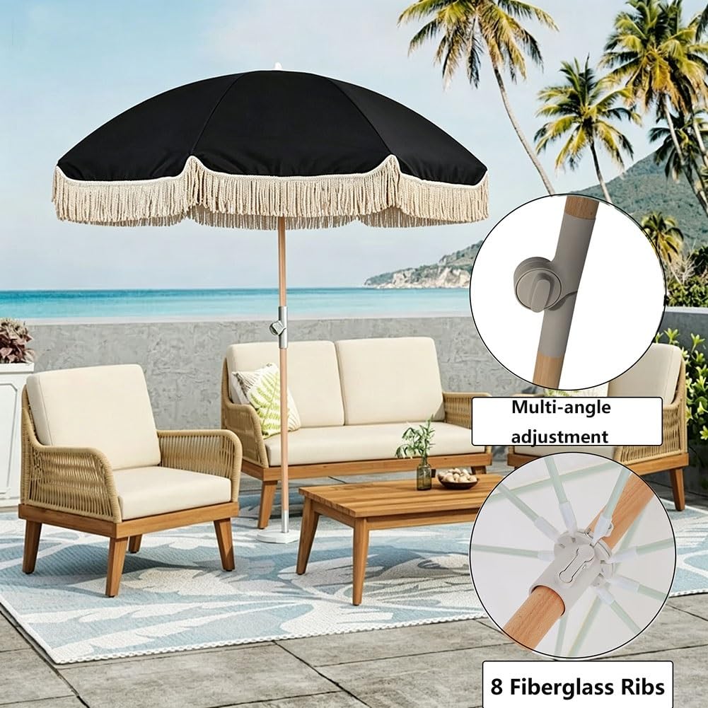 200 cm Czarny Parasol Plażowy Boho z Frędzlami, Składany Parasol Ogrodowy Ochrona UV z Drewnianym Drążkiem do Stołu, Basenu, Tarasowy