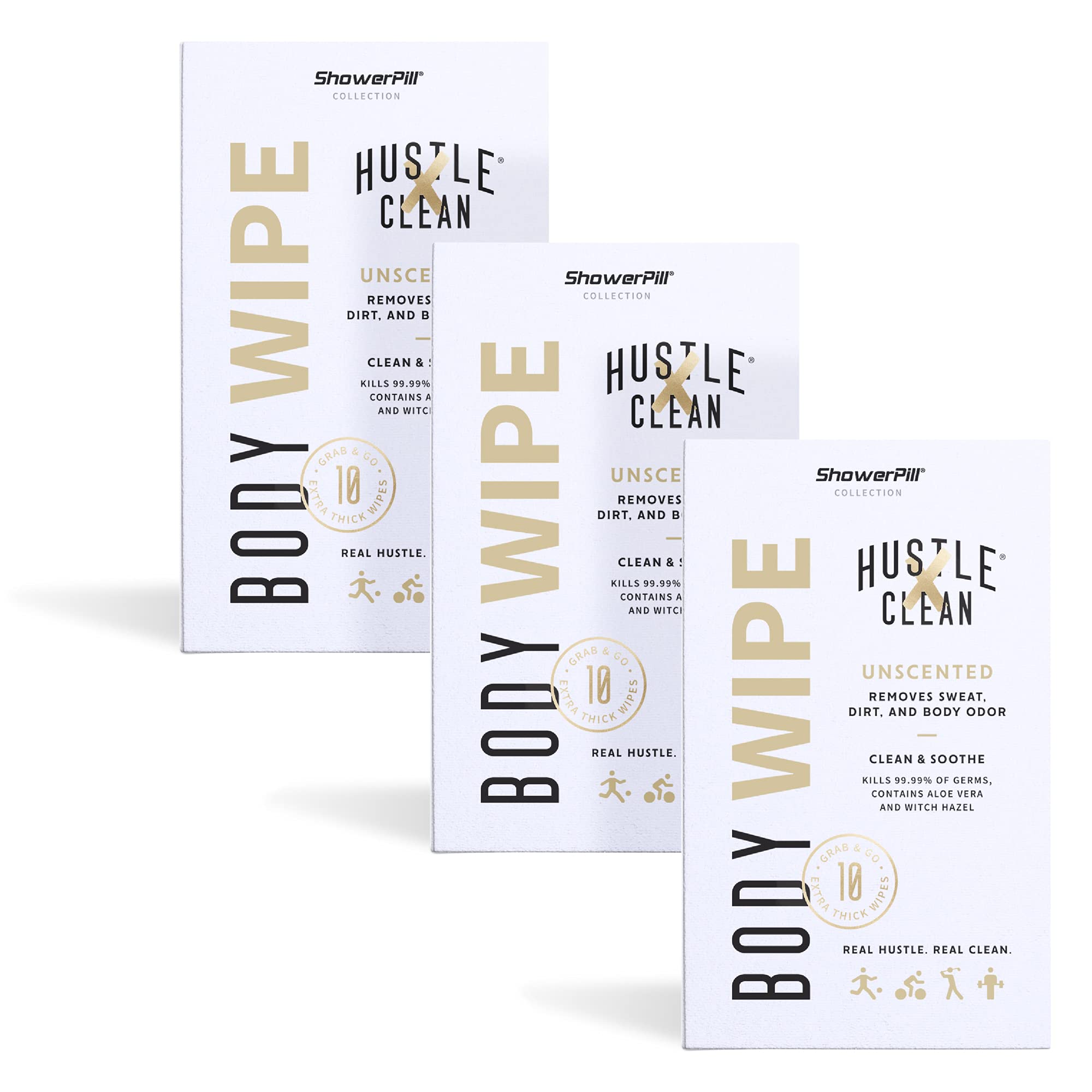 The Body Wipe by Hustle Clean - ShowerPill Collection - Unscented - 30 Individually Wrapped Wipes (Bundle of 3 x 10) - No Shower Wipes for Adults for Post-Workout, Camping, Bathing