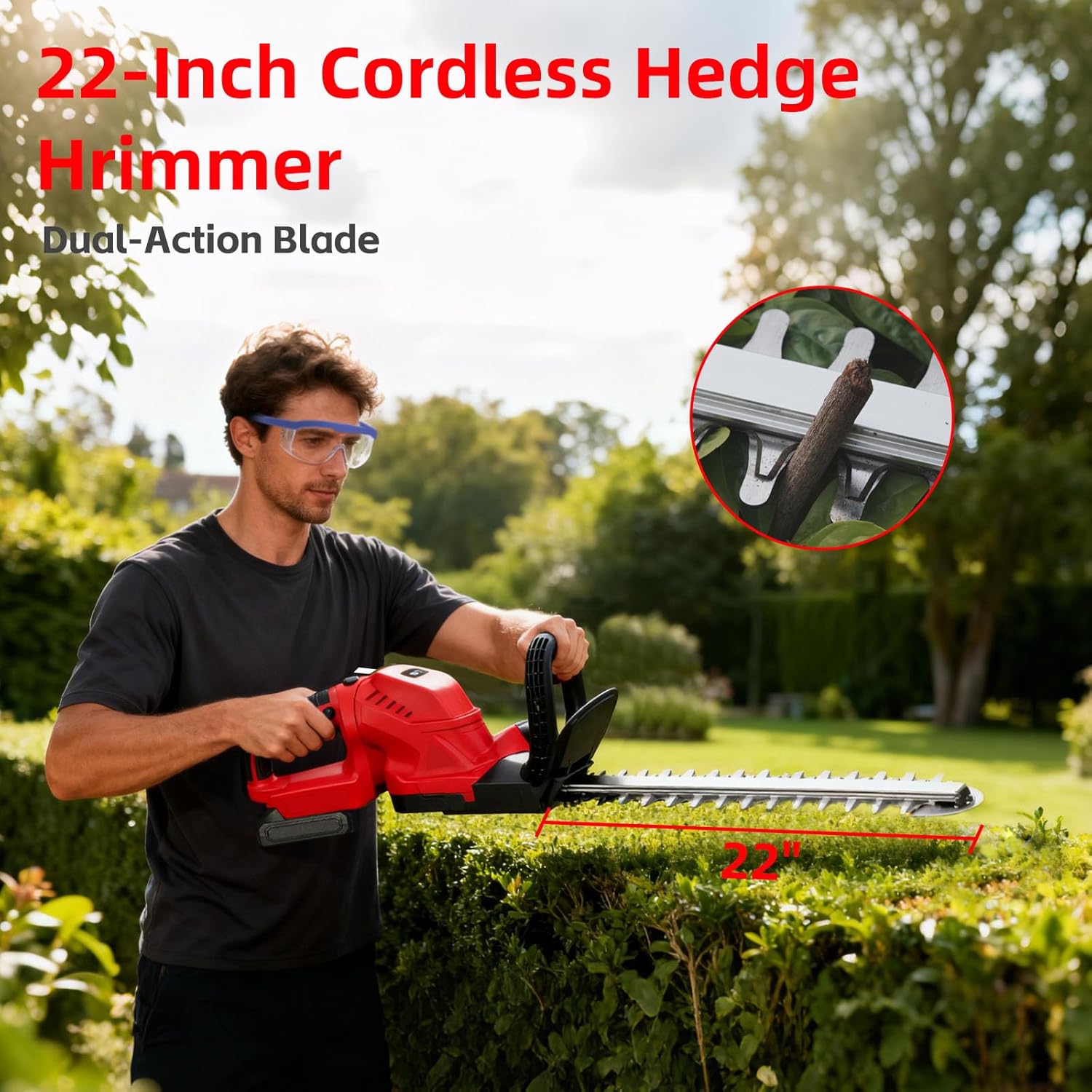 Hedge Trimmer Cordless with Rotatable Handle, 22-Inch Electric Bush Trimmers with 2 x 21V Batteries& Charger, 5/8" Cutting Capacity, Lightweight for Garden Handheld Shrub Trimming and Lawn Care