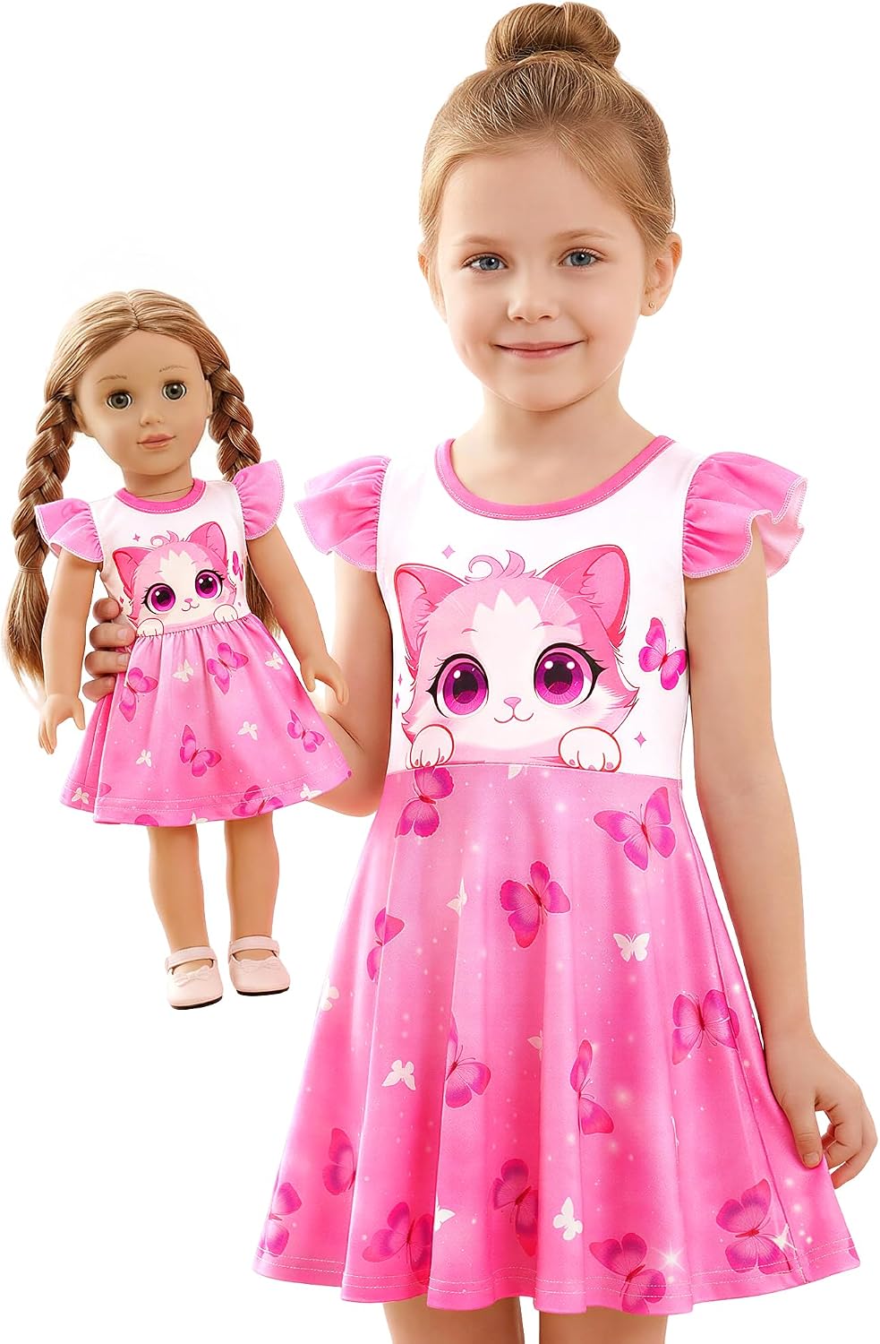Toddler Girl Matching Dress Outfit Flutter Short Sleeve Dress for Girls