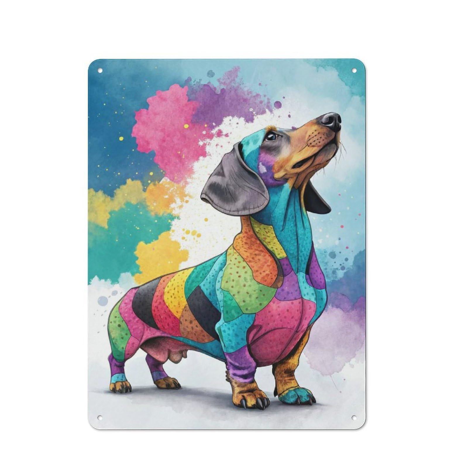 Junmoney Style-21 Colorful Dachshund Watercolor Painting Retro Tin Wall Plaque 40X30cm For Hobby Room Or Studio, For Garage, Workshop And Man Cave Decoration