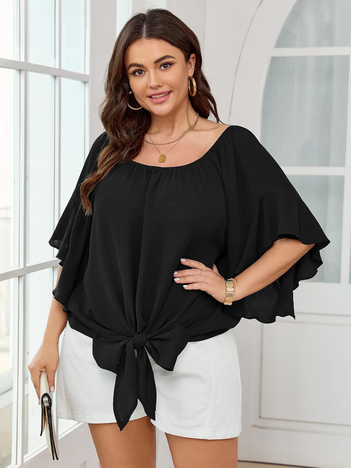 Womens Plus Size Off The Shoulder Blouse Tops Half Sleeves Tie Front Sexy Flowy Top - Image 5