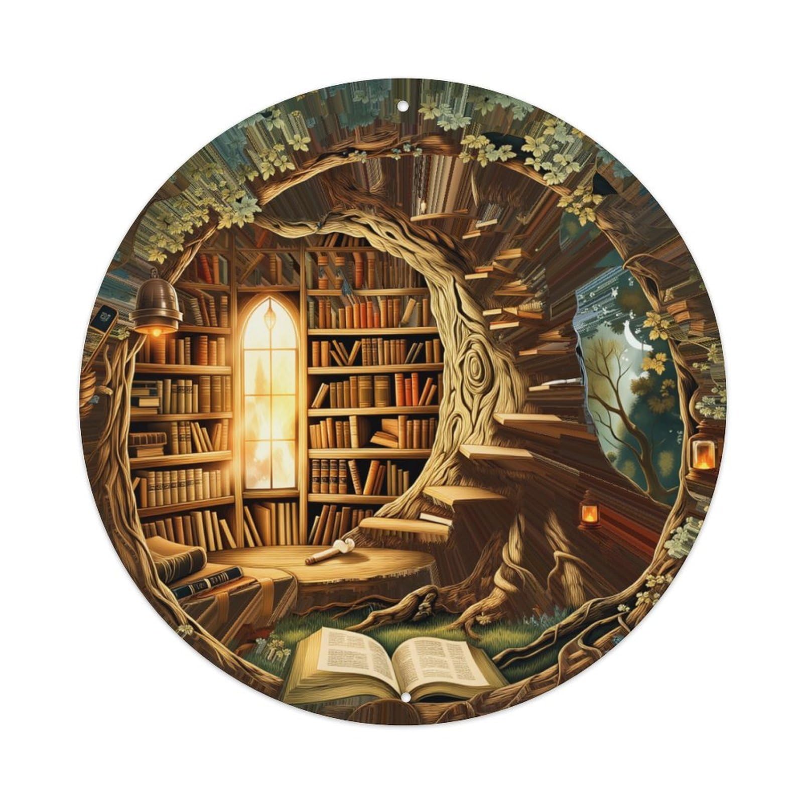 Enchanted Tree Library Interior Round Tin Sign Retro Metal Sign for Cafe Bar Pub Home Game Room Gym Club Wall Decoration Vintage Metal Poster 8x8 Inch