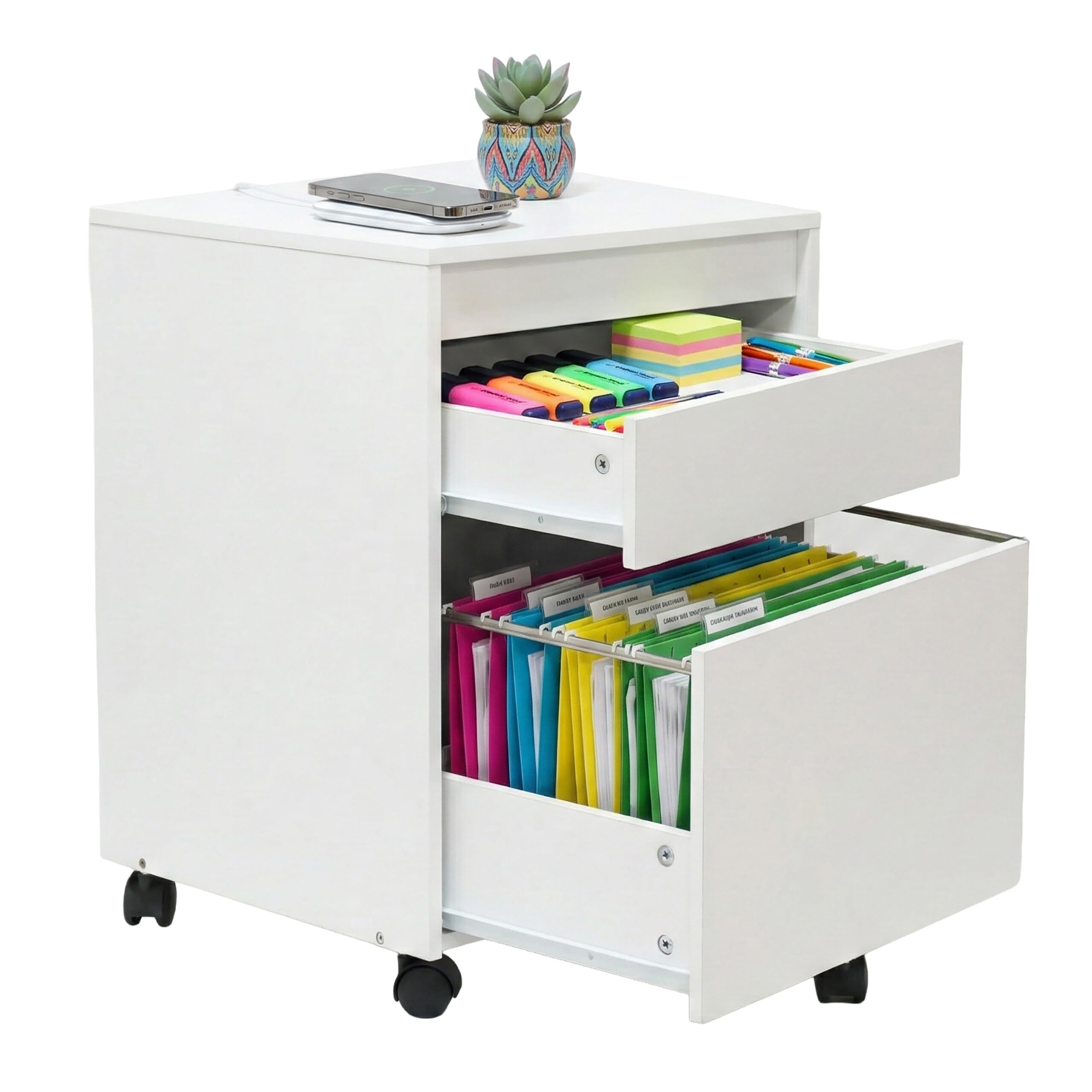 Relaxdays Contenitore con rotelle, 2 cassetti, cassetto per cartelle sospese A4/Letter, HxLxP: 57 x 40 x 40 cm, bianco