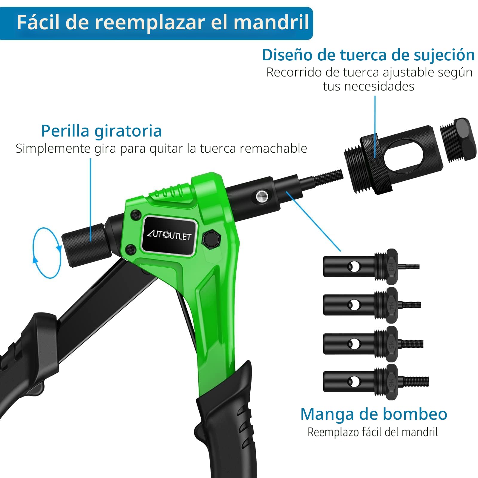 AUTOUTLET Remachadora de Tuercas, 8" Remachadora Manual, con 100PCS Tuercas de Remache, 4 Mandriles Intercambiables M3 M4 M5 M6, Llave Incorporada, Remachadora de Tuerca Profesional - Verde
