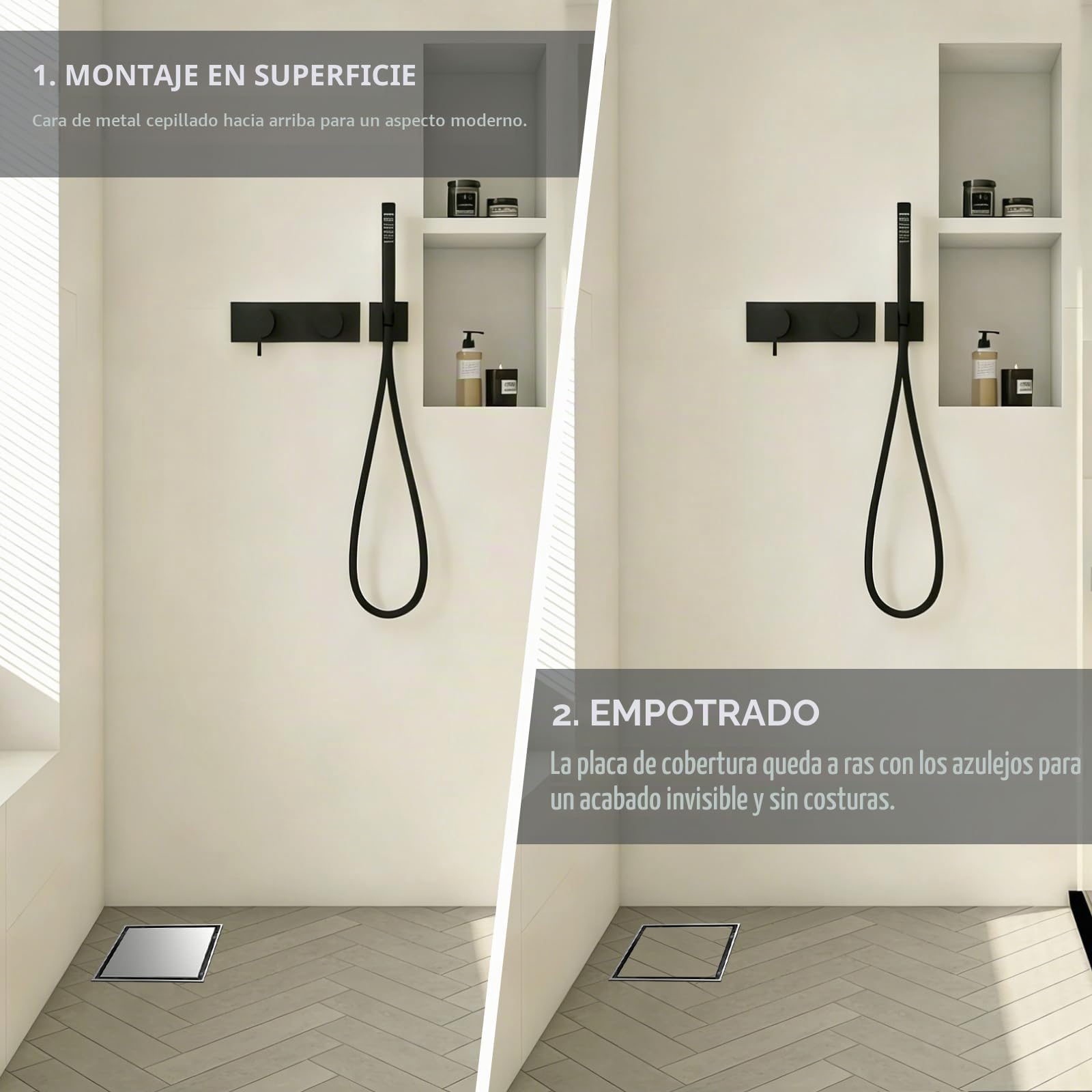 EFUTURETIME 20 X 20 cm Canaleta de Ducha Cuadrada Inoxidable, Desagüe de Suelo con Tubo de Conexión DN40/DN50, Sifón de 360° Antioσμosis y Filtro, Drenaje Rápido para Duchas Walk-in