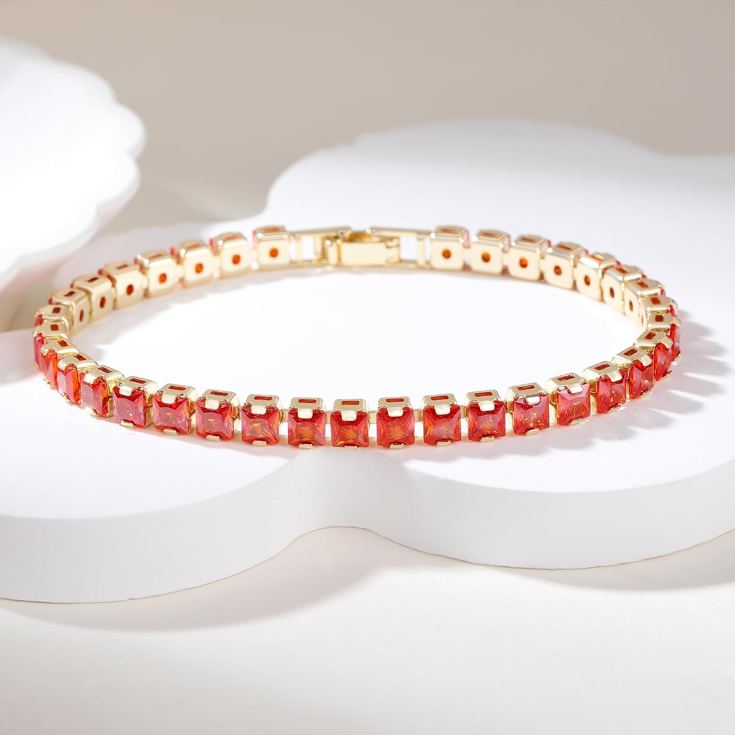 18K Gold-Plated 4mm Square Cubic Zirconia Tennis Bracelet | Trendy Pink/Orange Cubic Zirconia Women's Tennis Bracelet